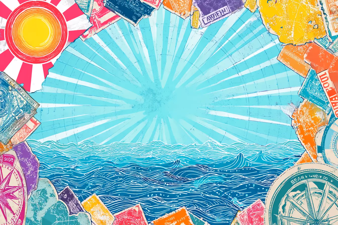 Colourful illustrated world map and travel stamps
