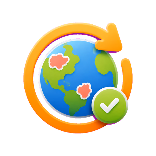 Globe with a repeat arrow and completion checkmark