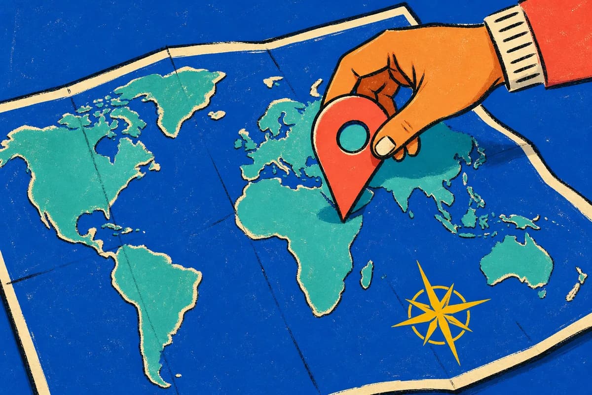Hand placing a bright location pin onto an illustrated world map