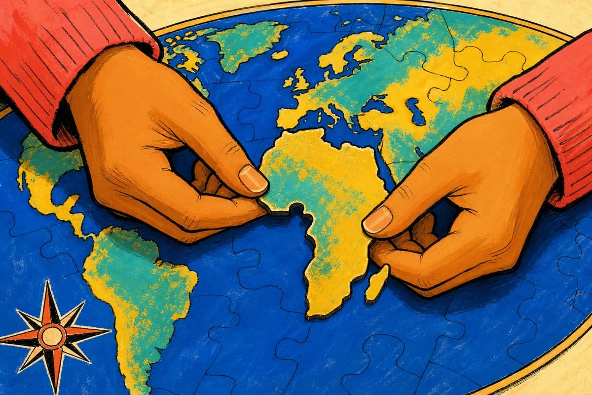 Hands fitting the final continent-shaped piece into an illustrated world map jigsaw