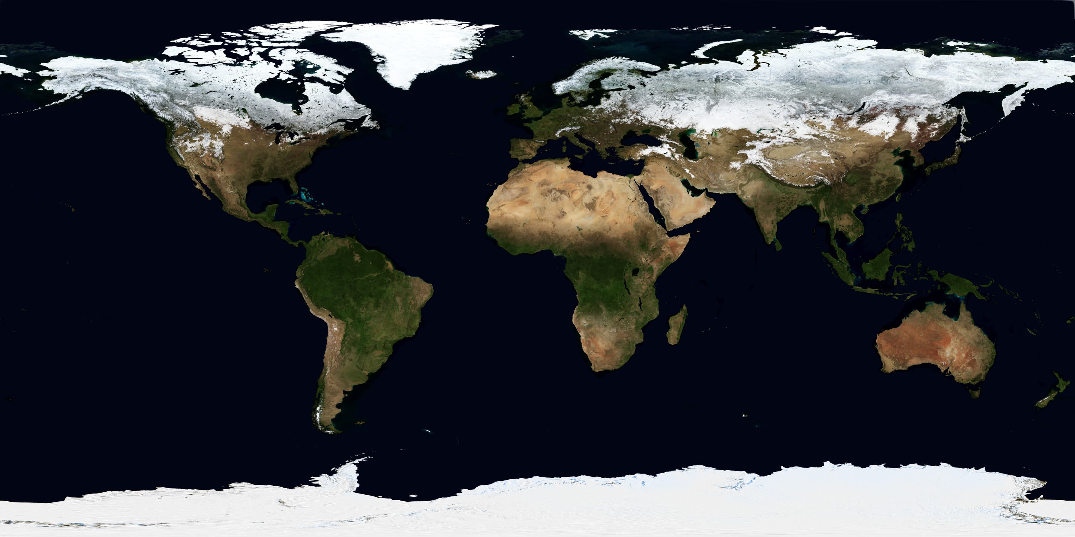 Physical world map showing coastlines, oceans, ice, desert and vegetation