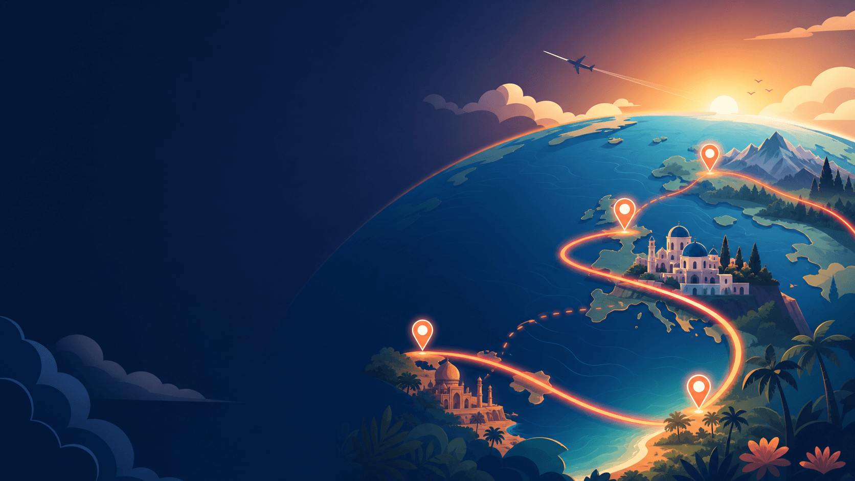 Illustrated globe with a glowing route connecting mountain, city and tropical destinations