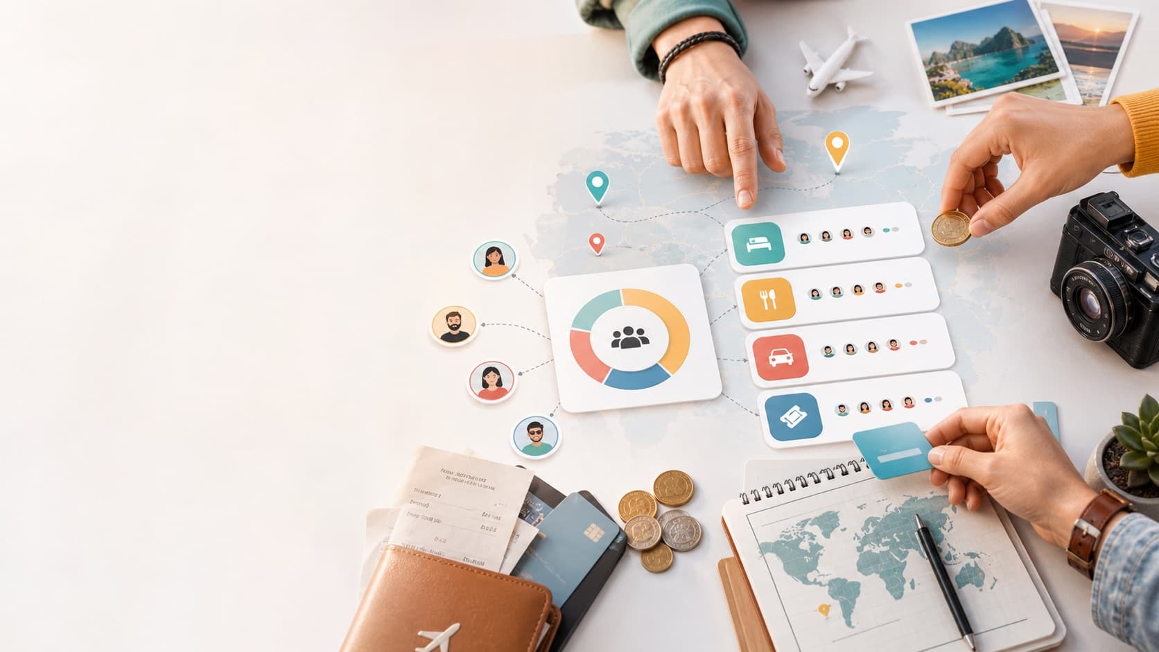 Group Trip Cost Splitter shared travel expenses tool with receipt, route map, people chips, and expense split dashboard