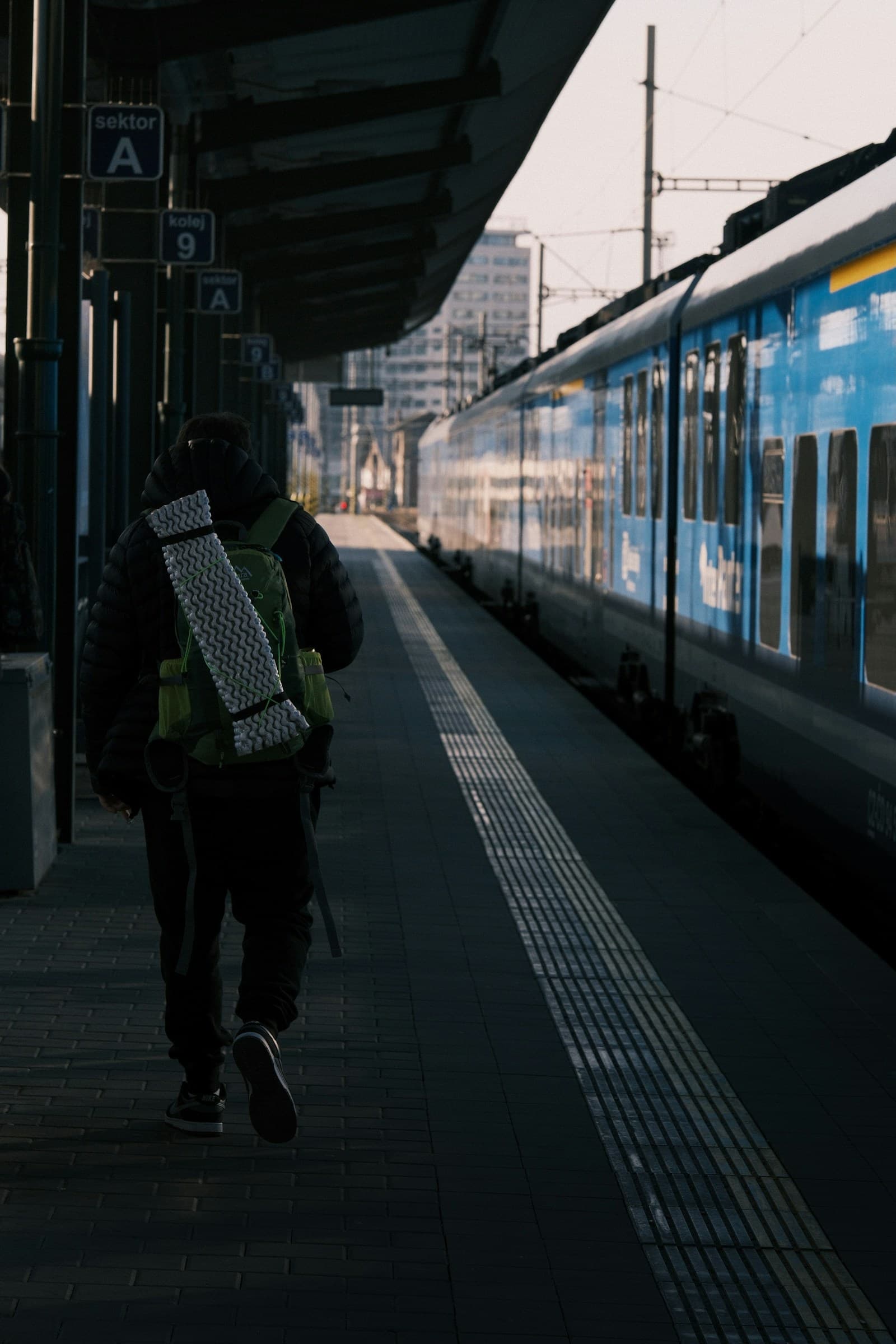 Interrailer walking beside a train on a European station platform