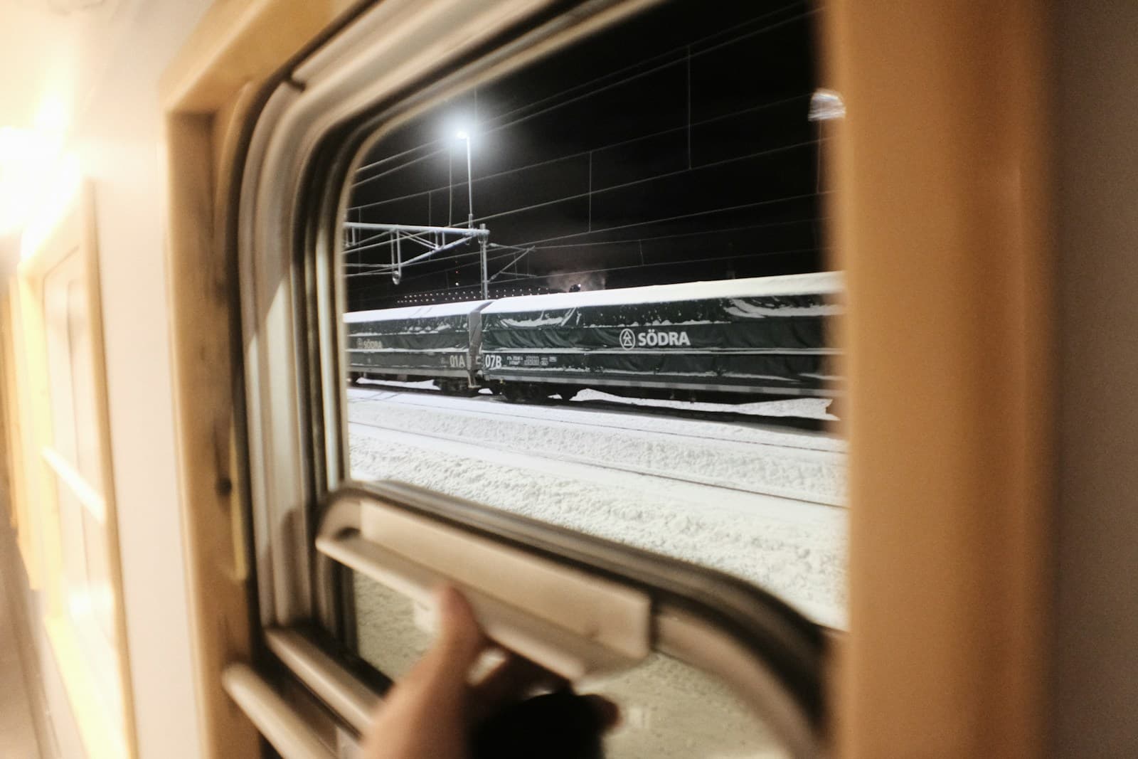 Night train window on a European rail journey