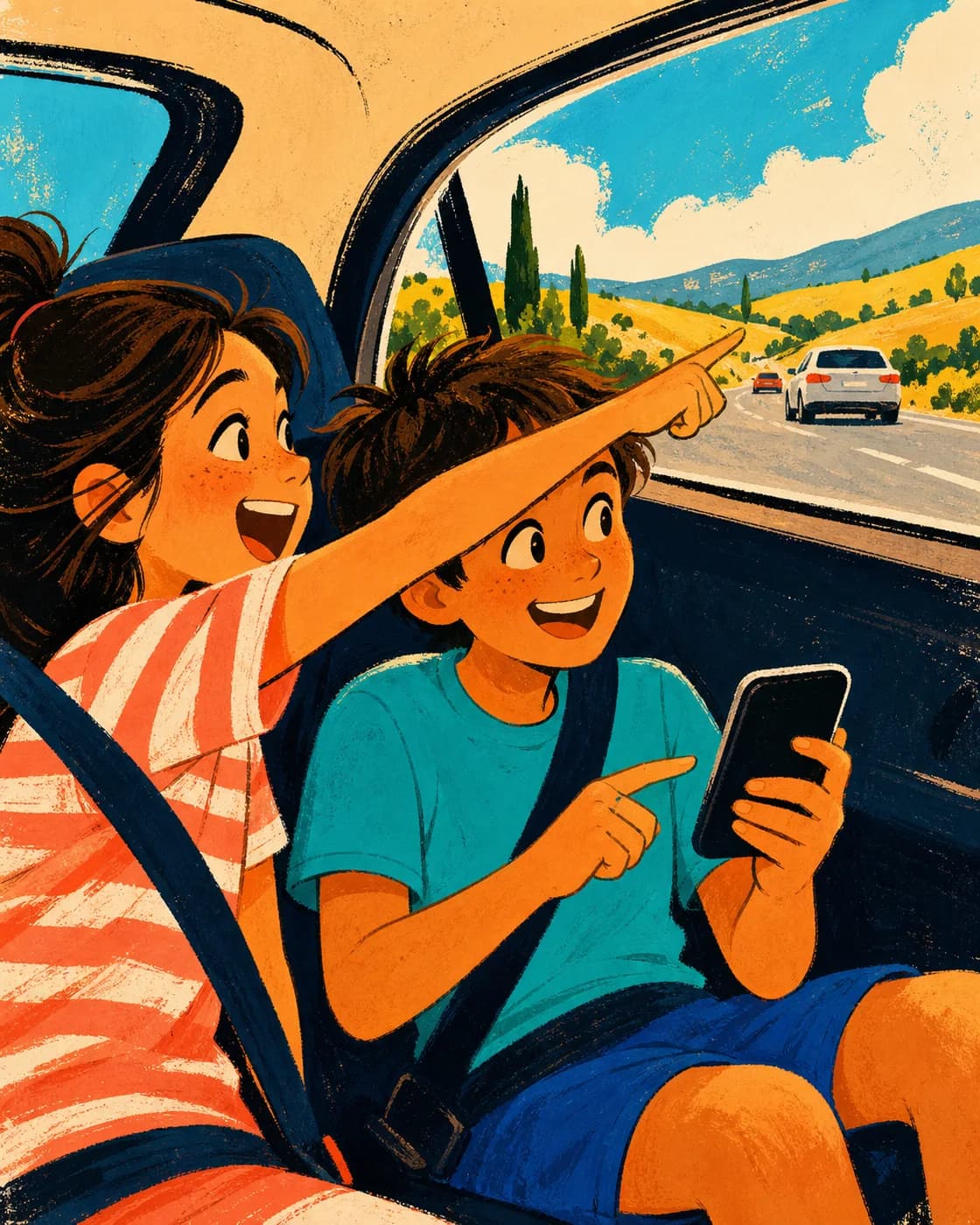 Two belted passengers spotting a license plate and playing together from the back seat