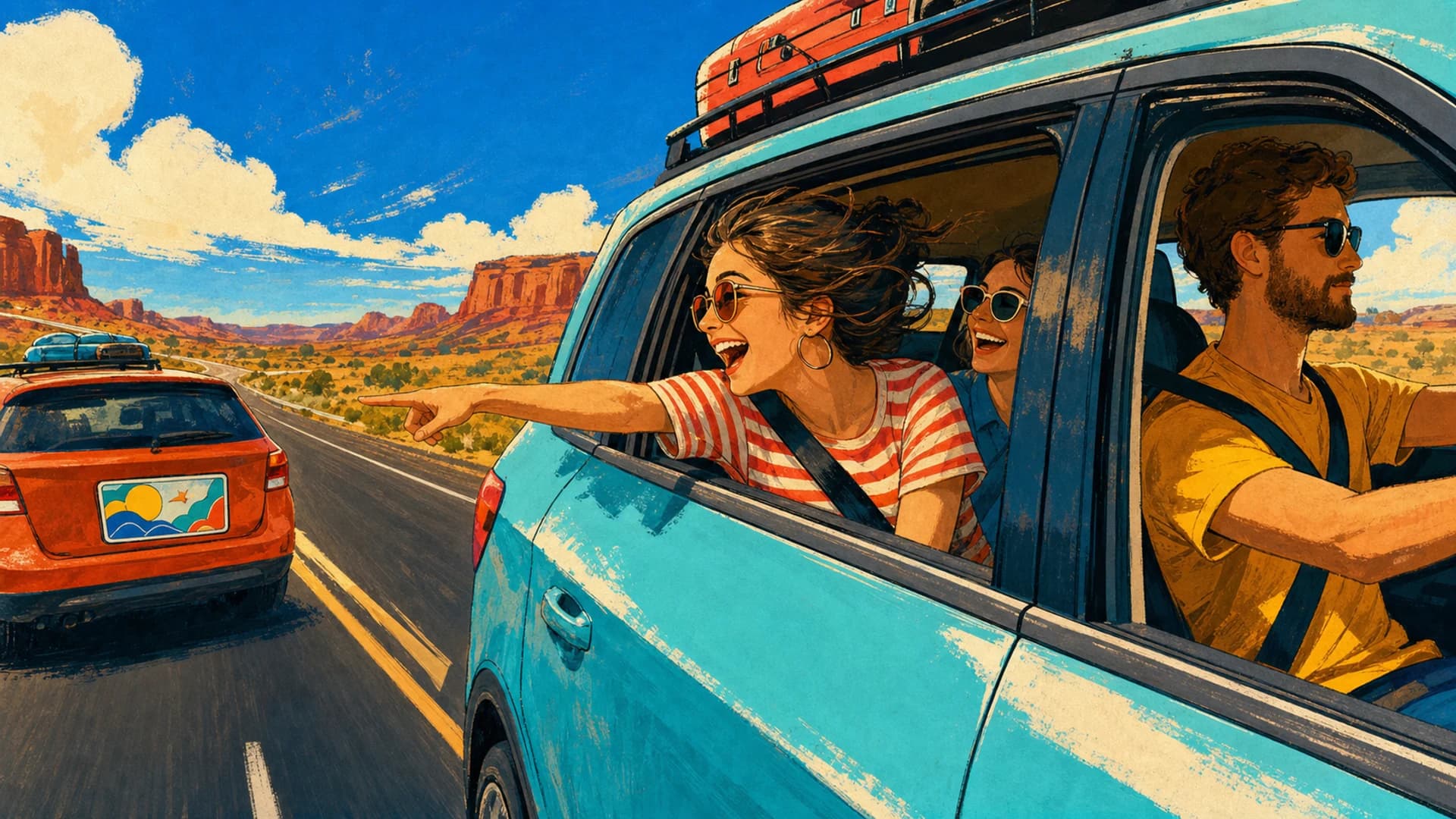 Friends excitedly spotting a license plate from the passenger seats on a road trip