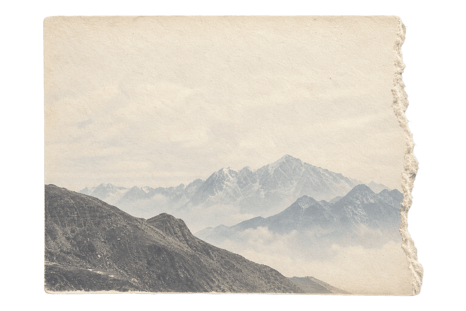 Mountain landscape printed on a piece of paper with a naturally torn edge