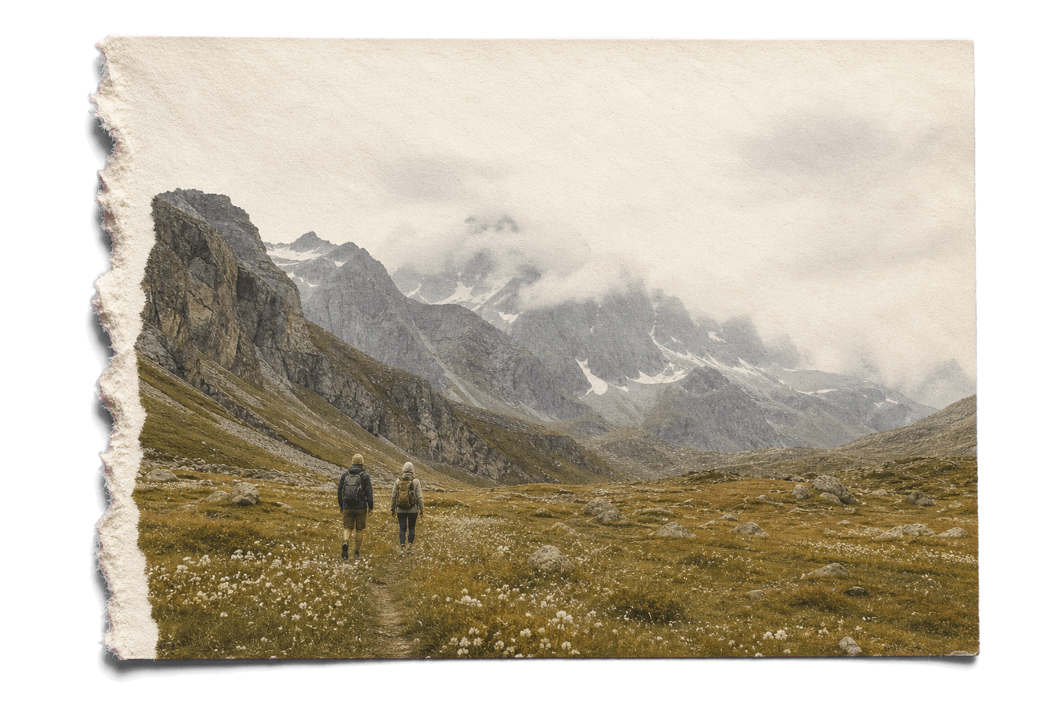Two travellers crossing an alpine landscape printed on paper with a naturally torn edge
