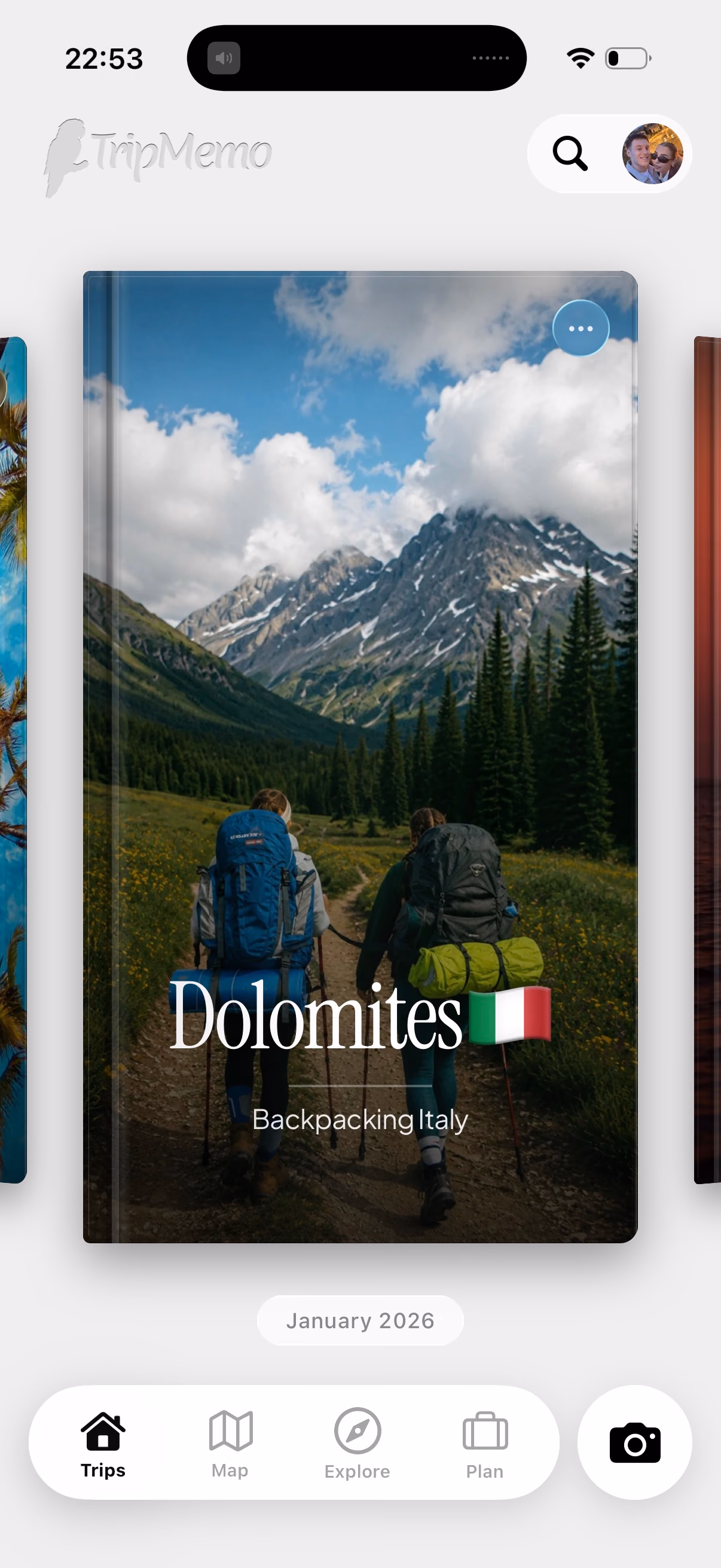 Dolomites TripBook with an alpine mountain cover in TripMemo