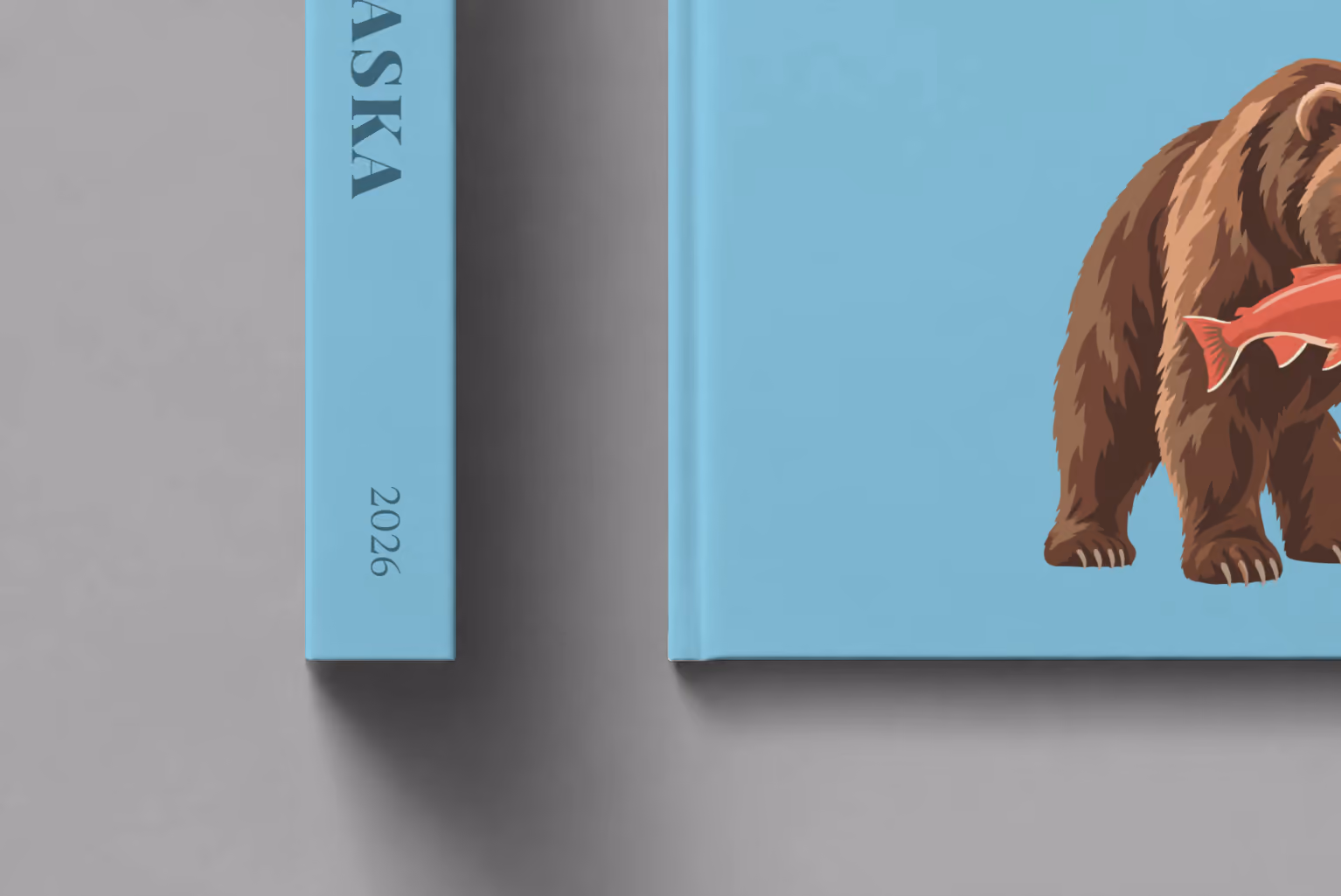 Alaska hardcover photo book with the illustrated cover of a grizzly bear catching a salmon on blue, shown close up beside its spine on a pale grey studio surface