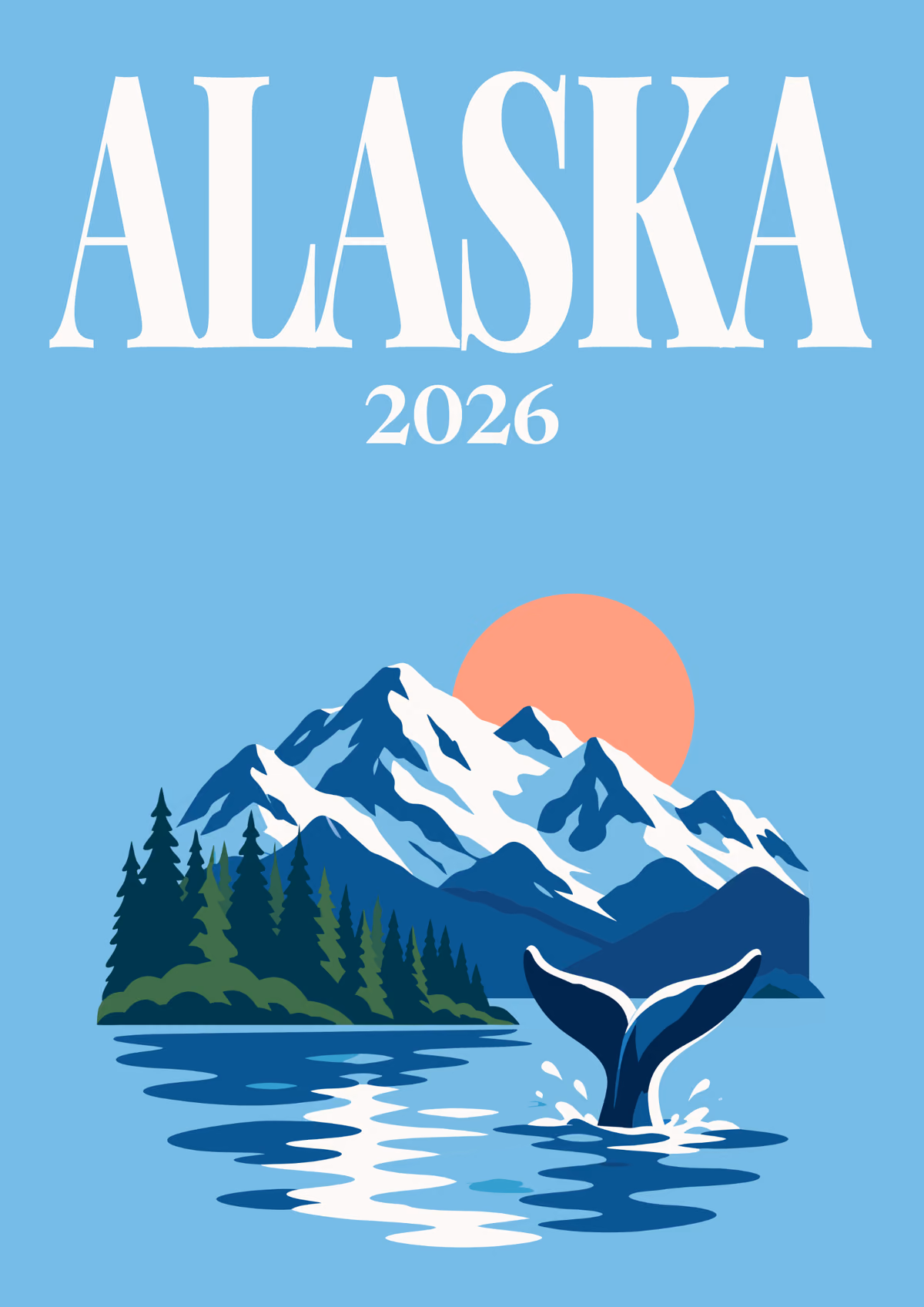 Alaska illustrated travel photo book cover with a whale tail before snowy mountains and pine forest on sky blue