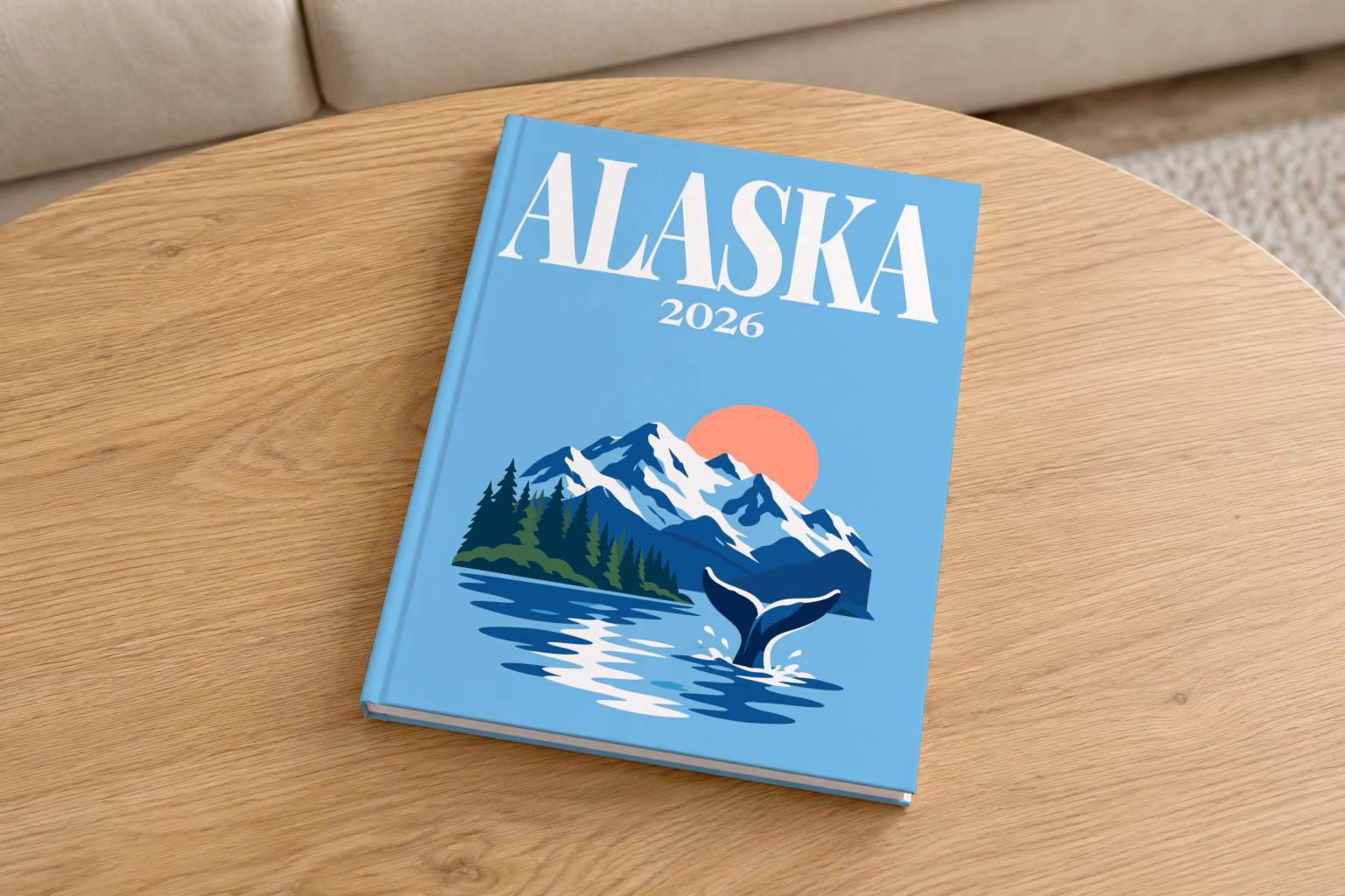 Alaska hardcover photo book with the illustrated cover of a whale tail before snowy mountains and pine forest on sky blue, on a round oak coffee table in a bright living room