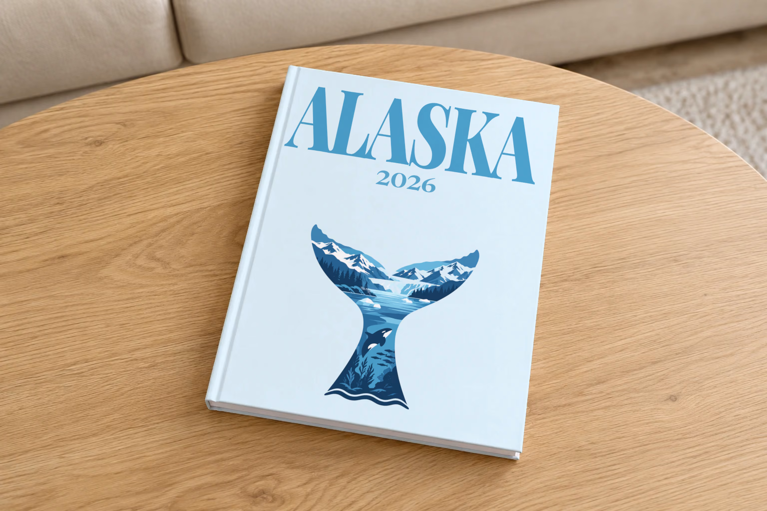 Alaska hardcover photo book with the illustrated cover of a whale tail filled with glaciers, mountains and an orca on pale ice blue, on a round oak coffee table in a bright living room