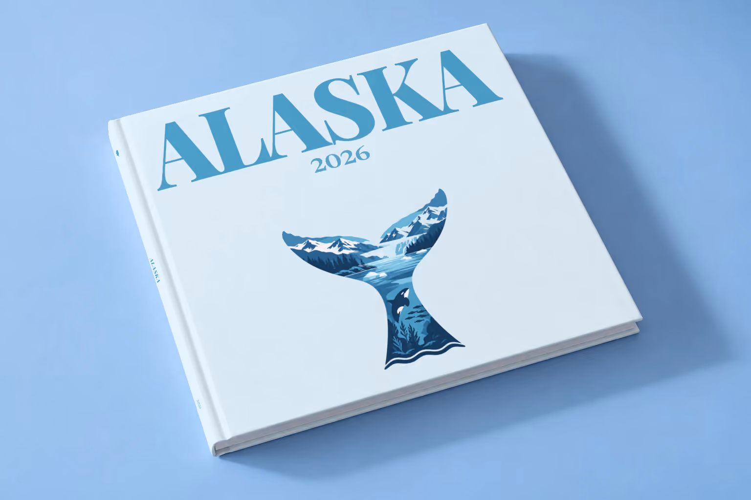 Alaska square hardcover photo book with the illustrated cover of a whale tail filled with glaciers, mountains and an orca on pale ice blue, lying on a pale blue studio backdrop
