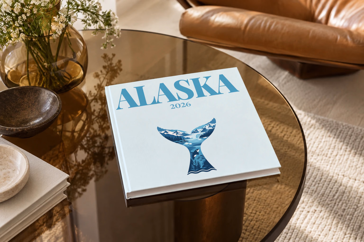 Alaska square hardcover photo book with the illustrated cover of a whale tail filled with glaciers, mountains and an orca on pale ice blue, on a smoked glass coffee table beside a leather armchair in warm afternoon light