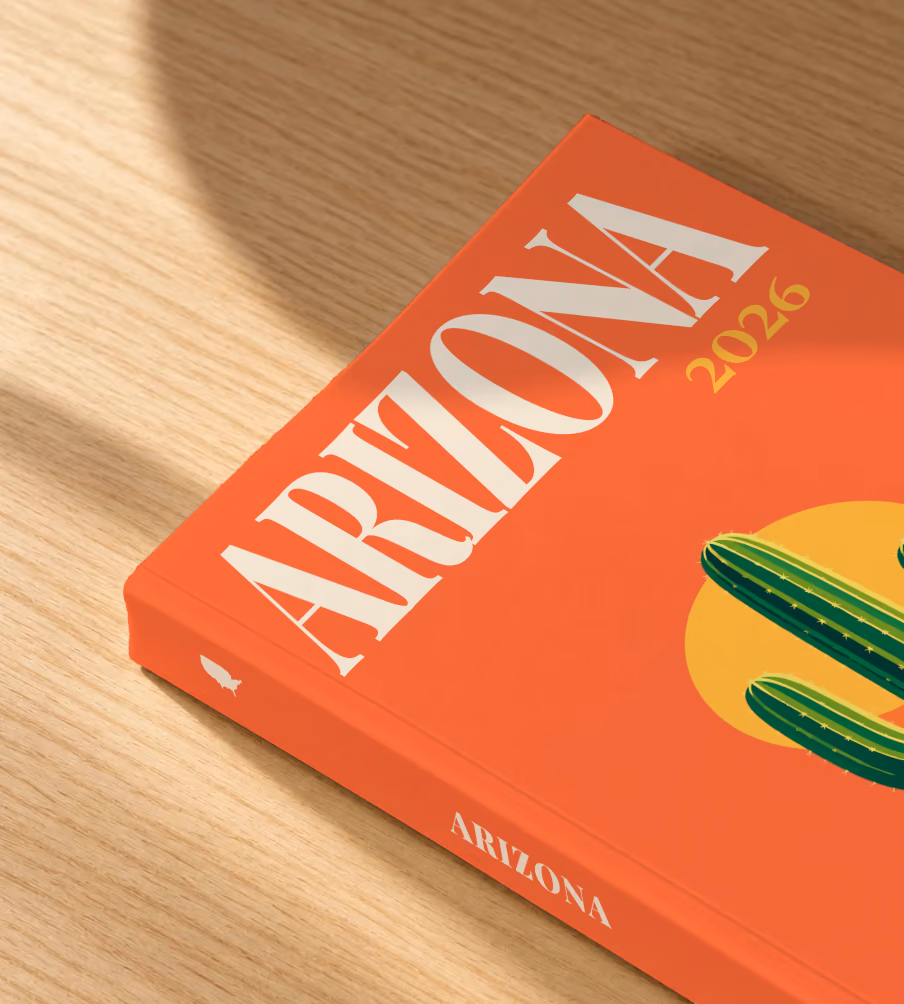 Arizona softcover photo book with the illustrated cover of a saguaro cactus against a yellow sun on orange, lying on an oak desk in dappled afternoon sunlight