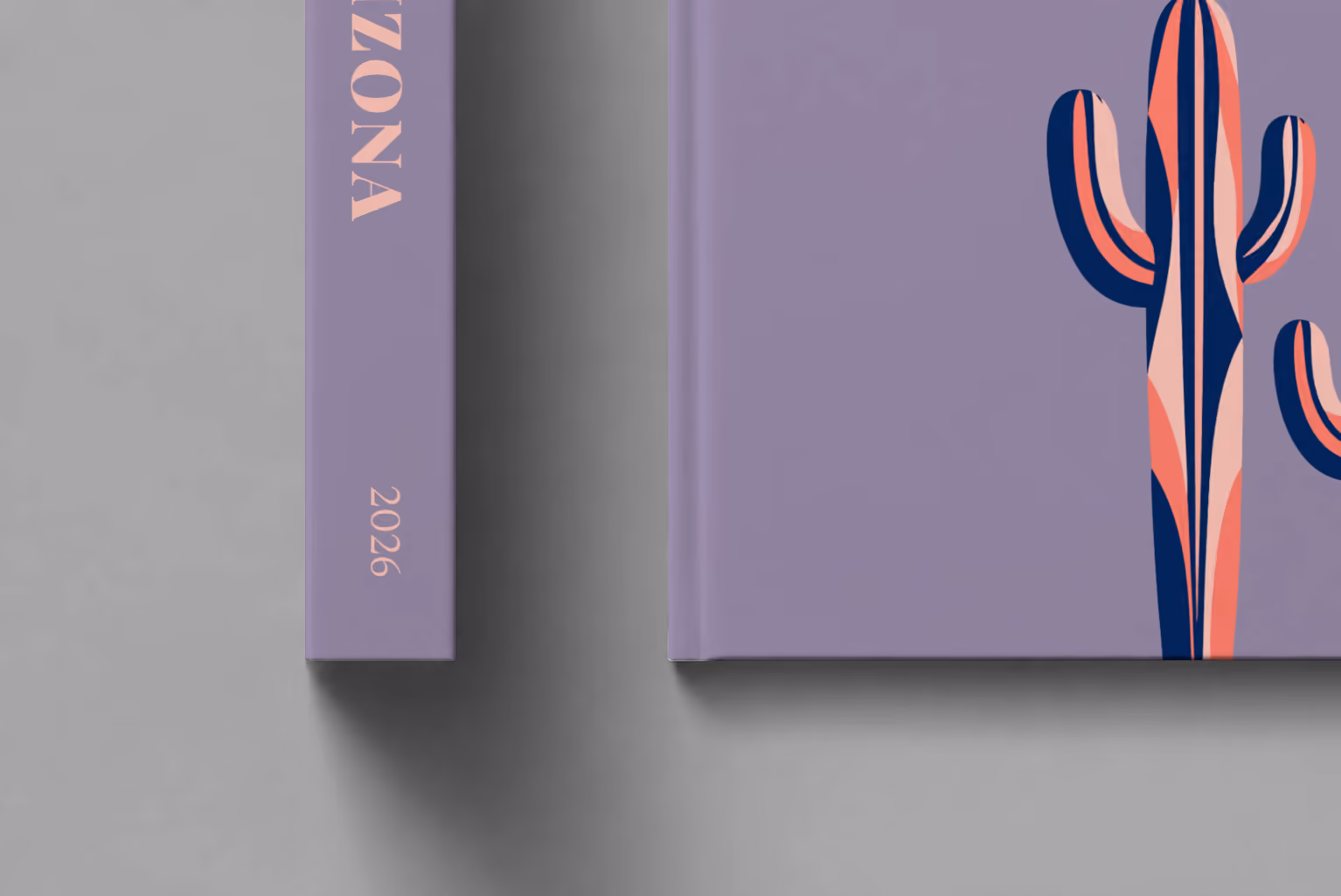 Arizona hardcover photo book with the illustrated cover of two stylised saguaro cacti on dusty purple, shown close up beside its spine on a pale grey studio surface