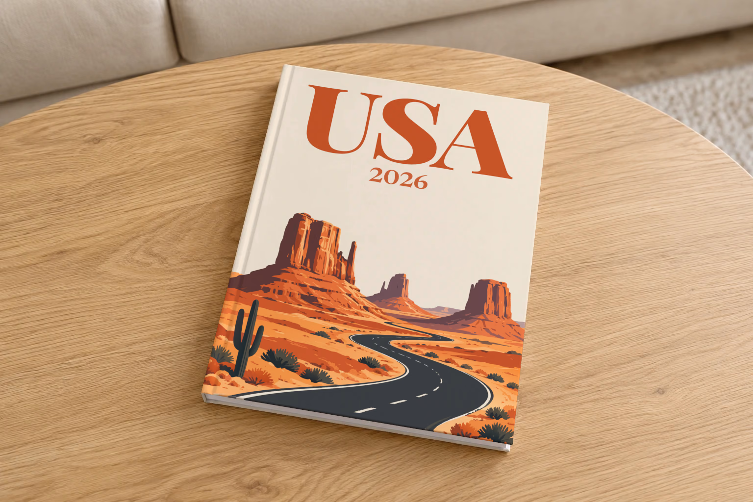 Arizona hardcover photo book with the USA illustrated cover of the road through the red buttes of Monument Valley on sand, on a round oak coffee table in a bright living room
