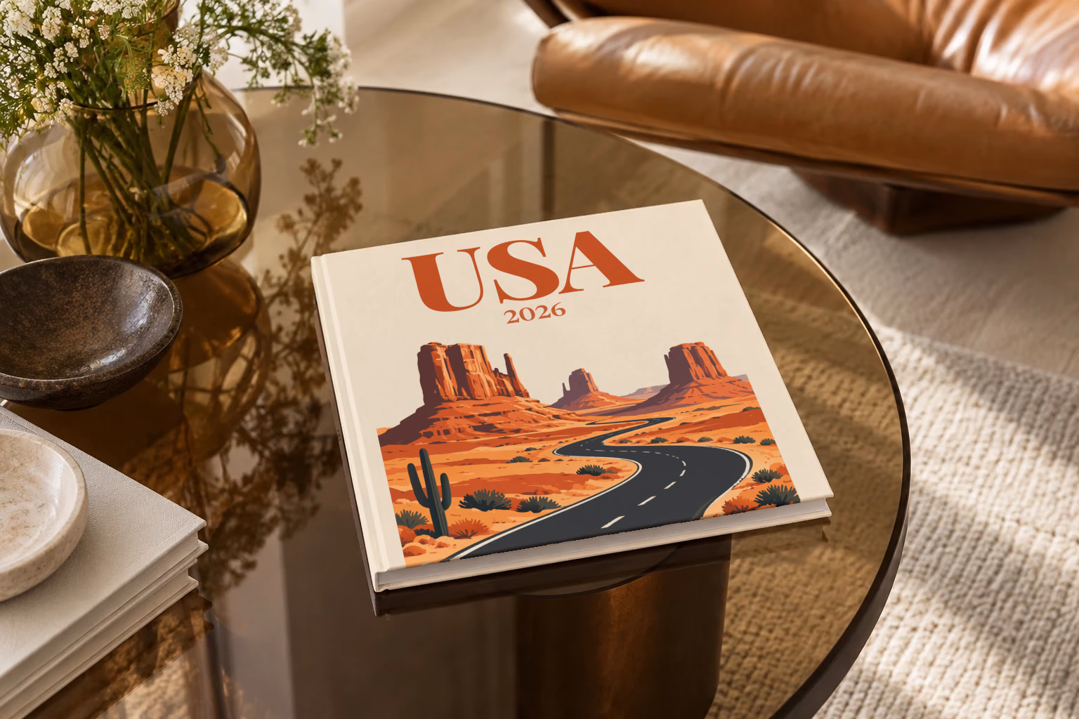 Arizona square hardcover photo book with the USA illustrated cover of the road through the red buttes of Monument Valley on sand, on a smoked glass coffee table beside a leather armchair in warm afternoon light