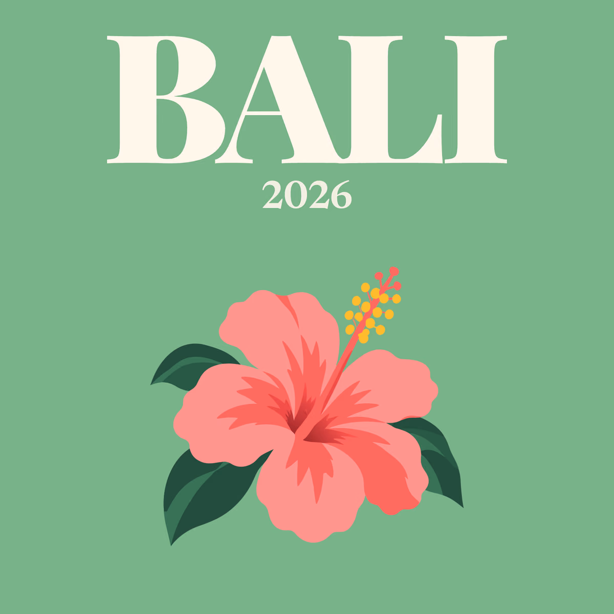 Bali illustrated square photo book cover with a pink hibiscus flower on sage green