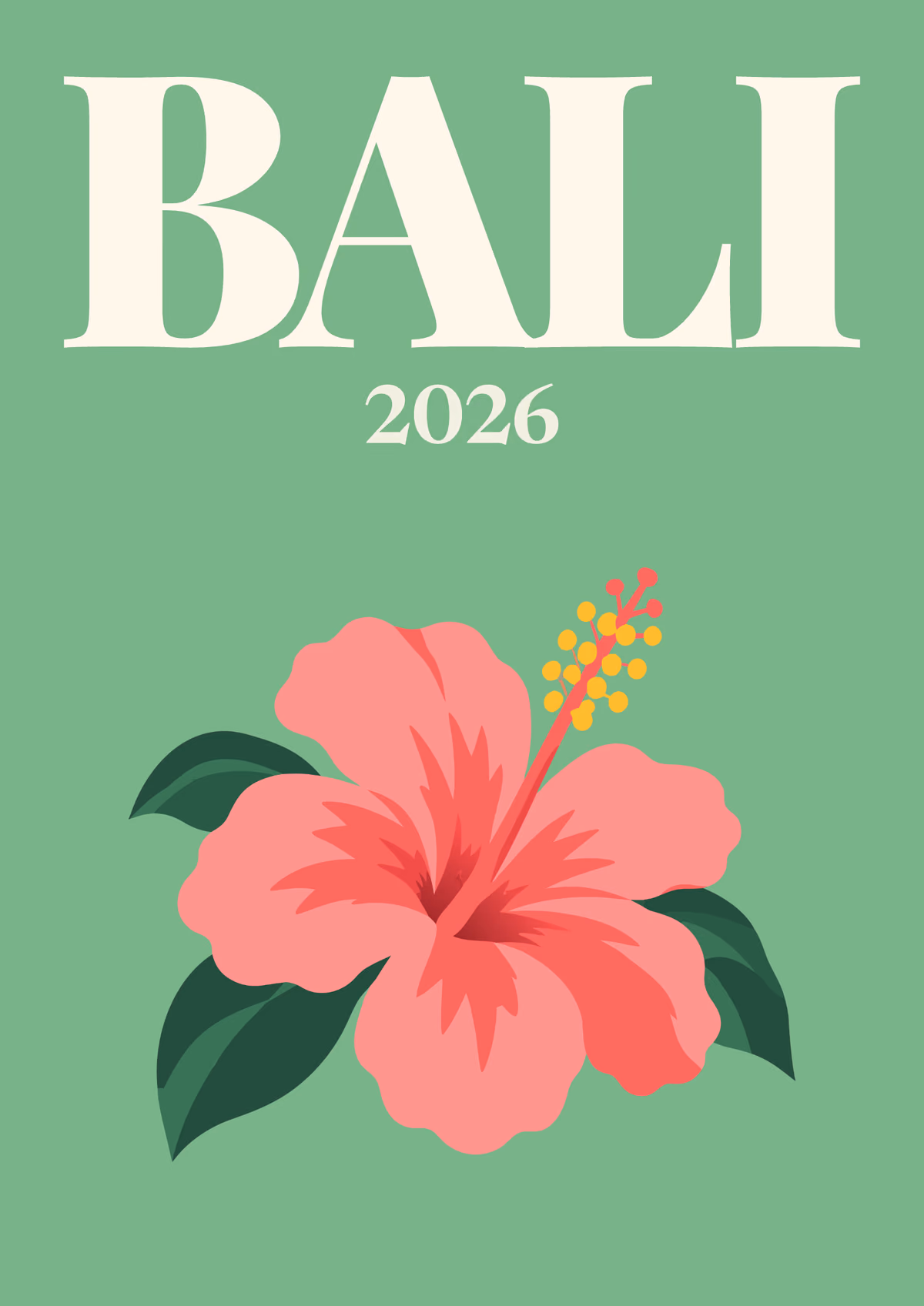 Bali illustrated travel photo book cover with a pink hibiscus flower on sage green