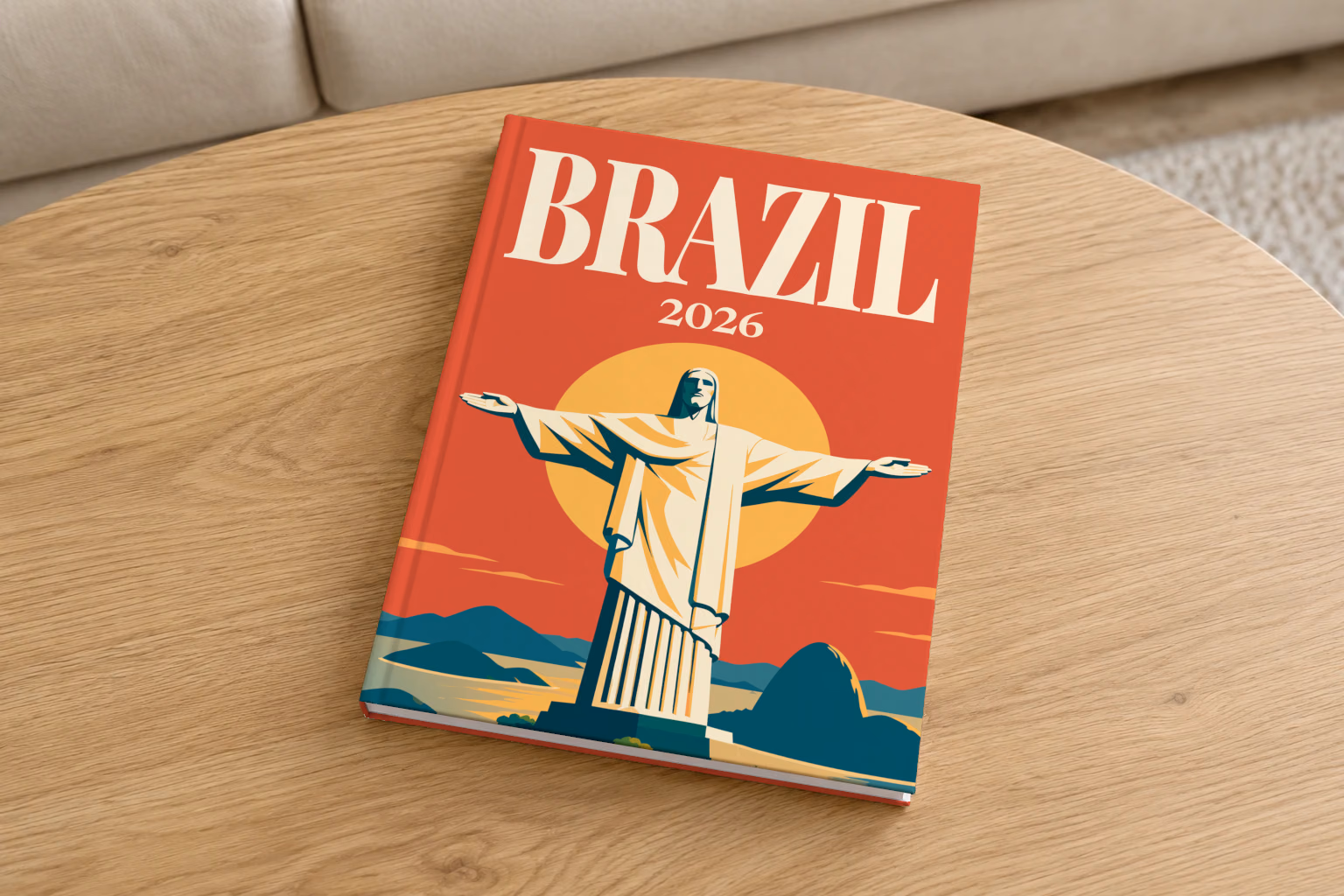 Brazil hardcover photo book with the illustrated cover of Christ the Redeemer above Rio de Janeiro's bay at sunset on red-orange, on a round oak coffee table in a bright living room