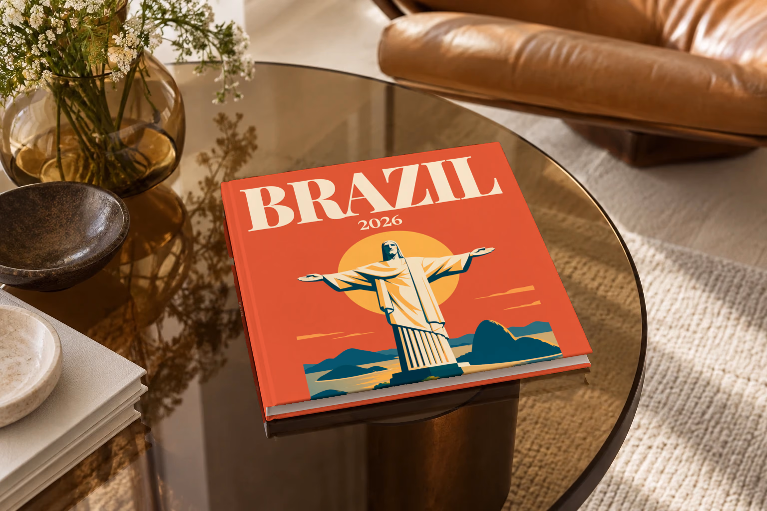 Brazil square hardcover photo book with the illustrated cover of Christ the Redeemer above Rio de Janeiro's bay at sunset on red-orange, on a smoked glass coffee table beside a leather armchair in warm afternoon light