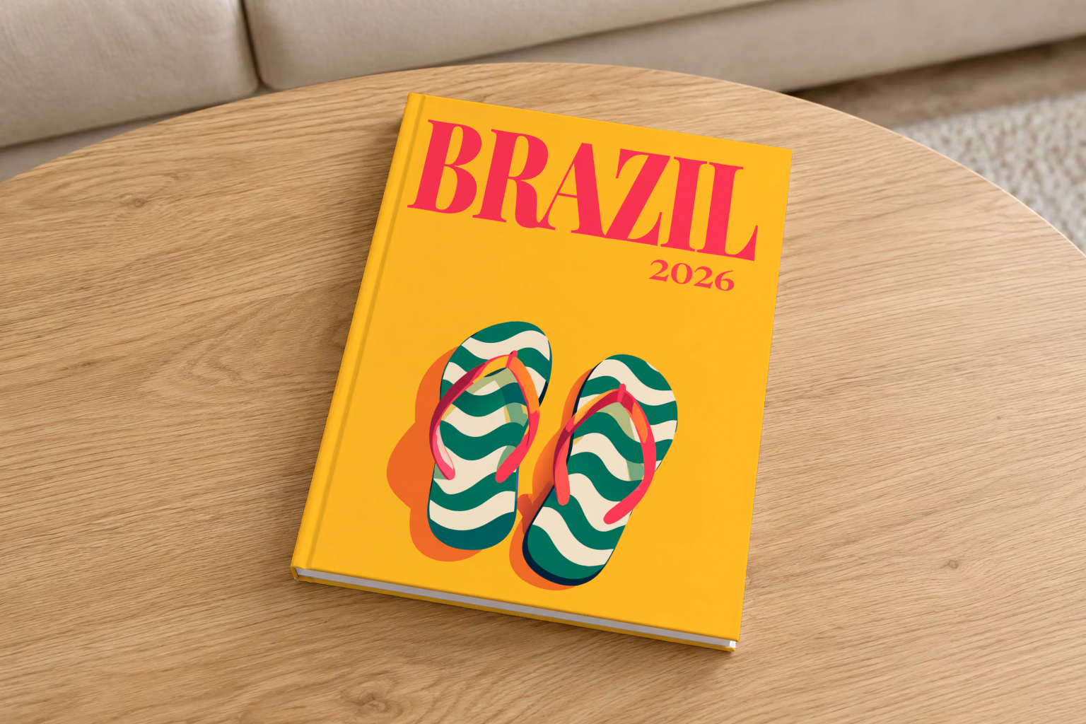 Brazil hardcover photo book with the illustrated cover of a pair of flip-flops in Copacabana's wave pattern on yellow, on a round oak coffee table in a bright living room