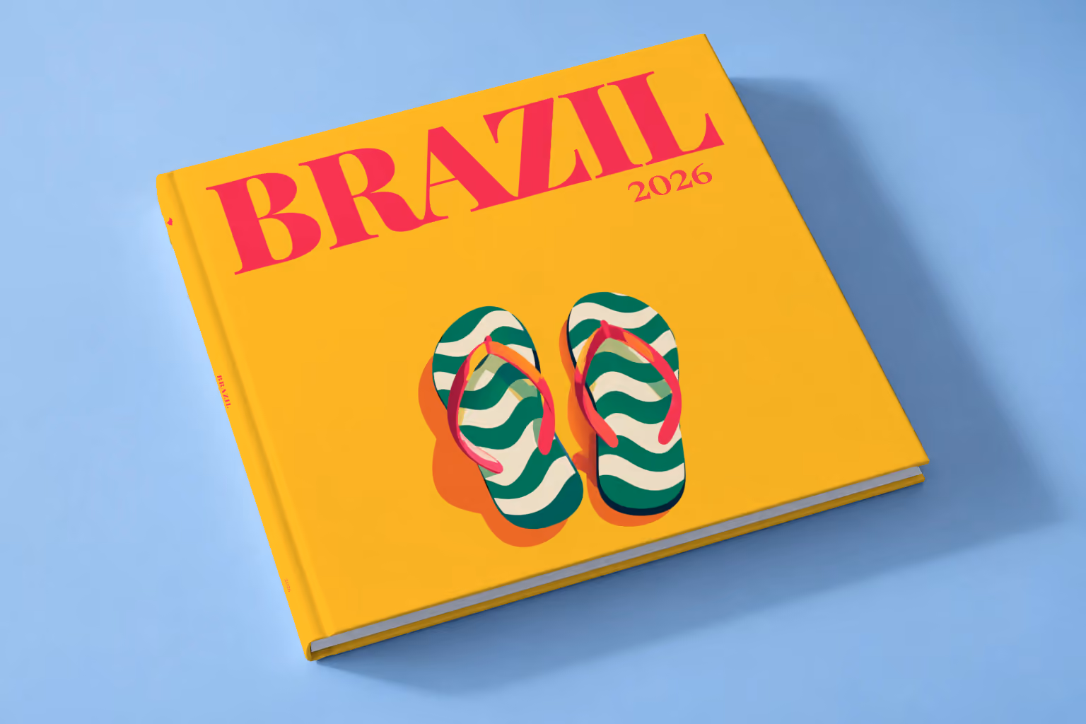 Brazil square hardcover photo book with the illustrated cover of a pair of flip-flops in Copacabana's wave pattern on yellow, lying on a pale blue studio backdrop