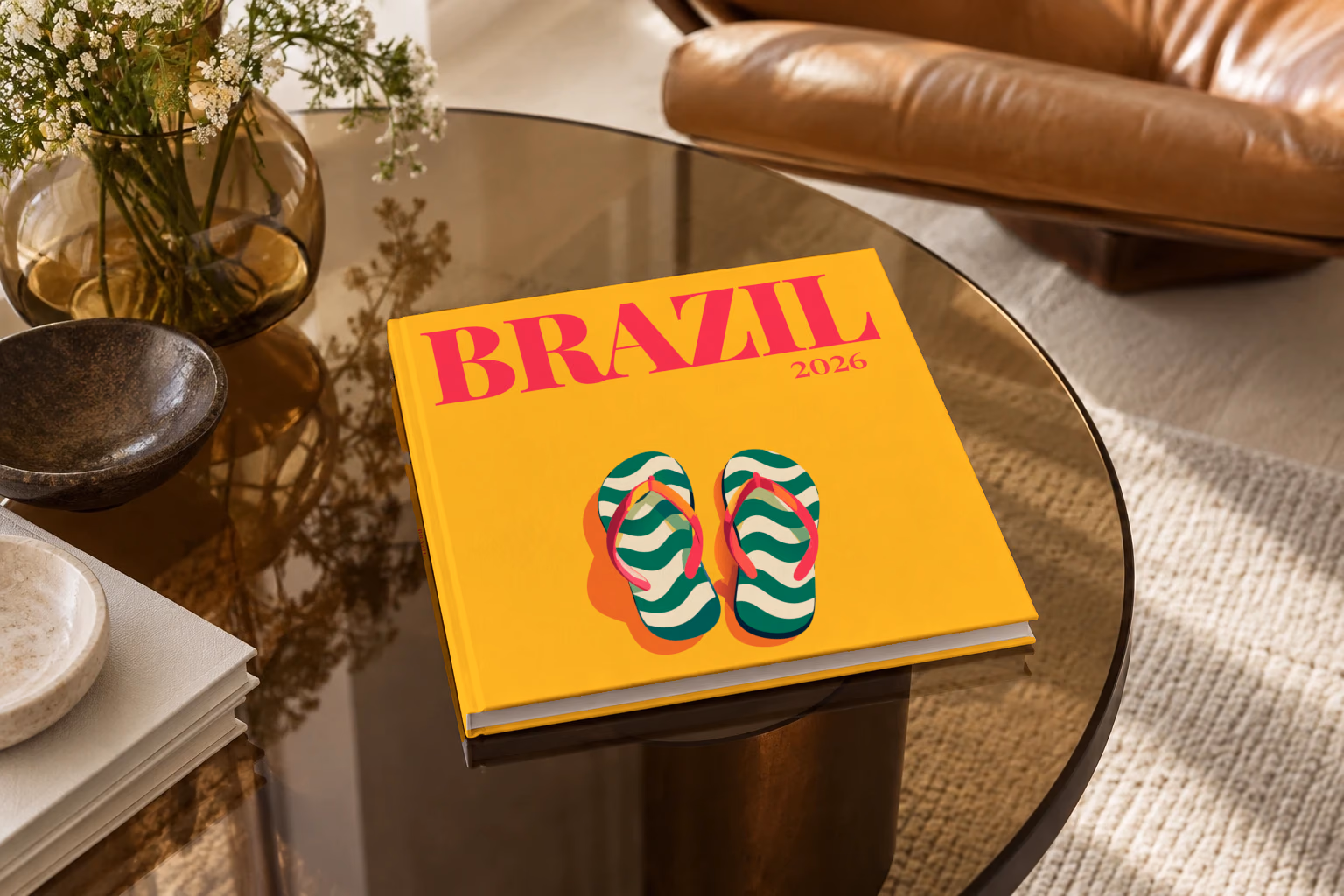 Brazil square hardcover photo book with the illustrated cover of a pair of flip-flops in Copacabana's wave pattern on yellow, on a smoked glass coffee table beside a leather armchair in warm afternoon light