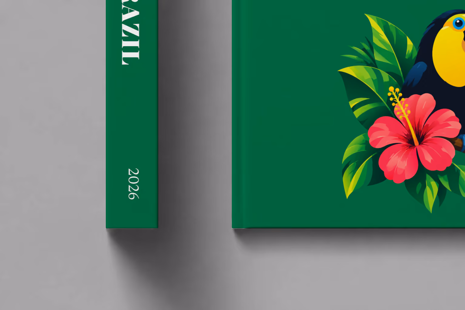 Brazil hardcover photo book with the illustrated cover of a toucan among tropical leaves and a pink hibiscus on emerald green, shown close up beside its spine on a pale grey studio surface