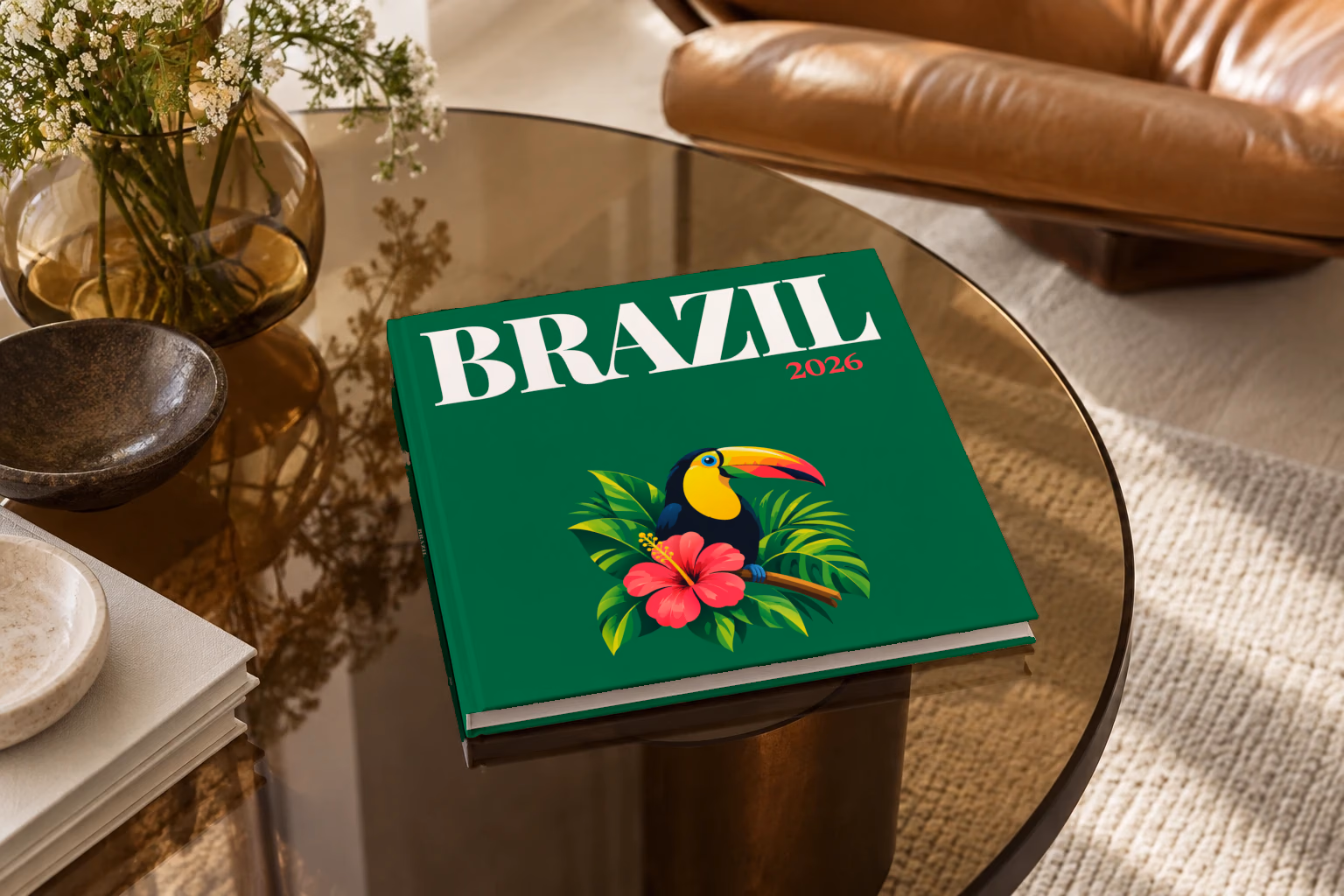 Brazil square hardcover photo book with the illustrated cover of a toucan among tropical leaves and a pink hibiscus on emerald green, on a smoked glass coffee table beside a leather armchair in warm afternoon light