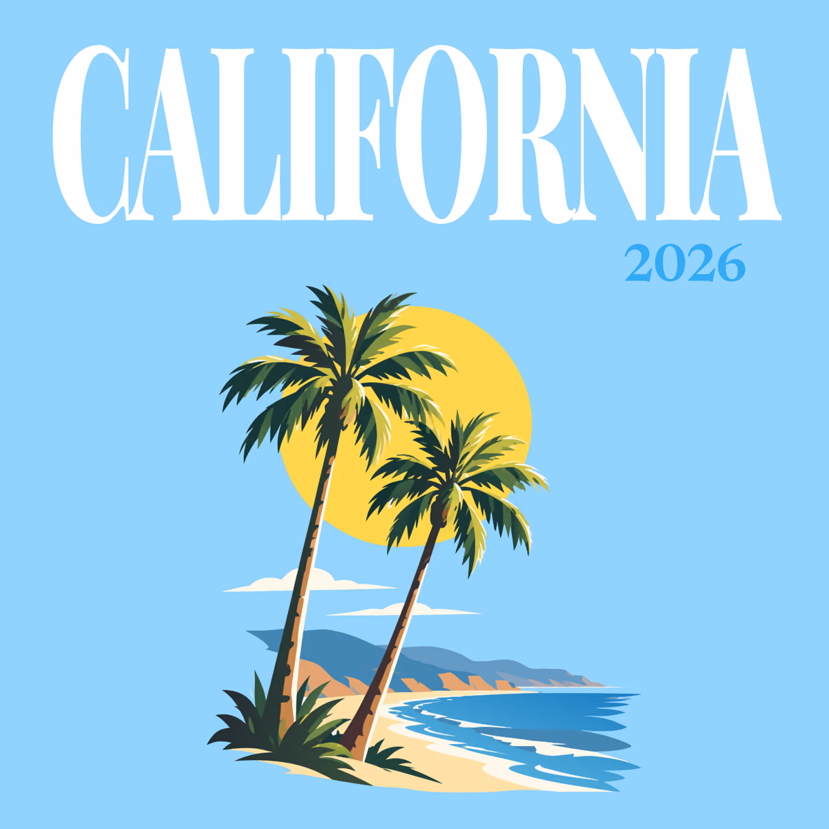 California illustrated square photo book cover with palm trees and a beach under a yellow sun on sky blue