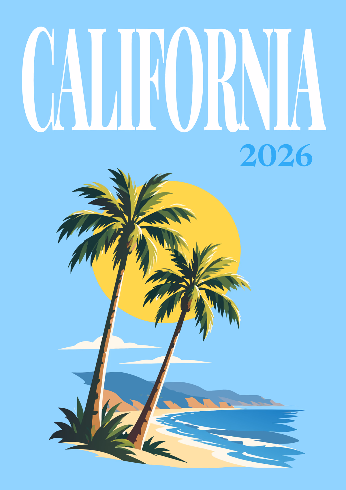 California illustrated travel photo book cover with palm trees and a beach under a yellow sun on sky blue