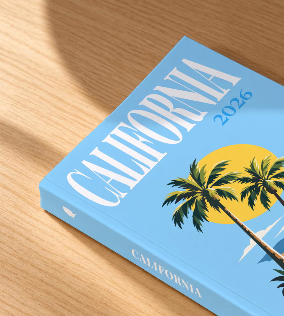 California softcover photo book with the illustrated cover of palm trees and a beach under a yellow sun on sky blue, lying on an oak desk in dappled afternoon sunlight