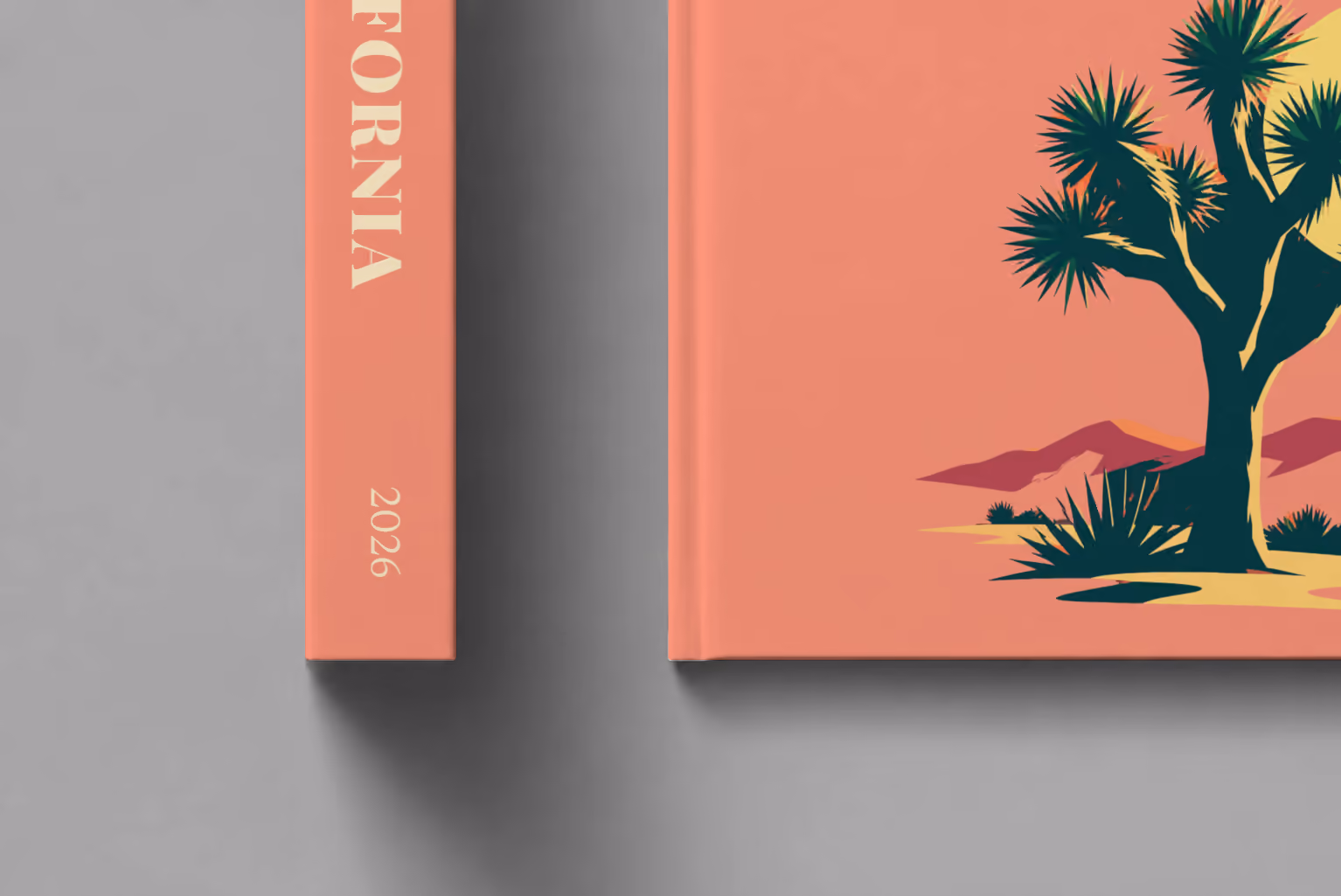 California hardcover photo book with the illustrated cover of a Joshua tree and desert hills under a low sun on coral, shown close up beside its spine on a pale grey studio surface