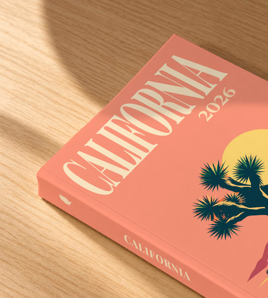 California softcover photo book with the illustrated cover of a Joshua tree and desert hills under a low sun on coral, lying on an oak desk in dappled afternoon sunlight