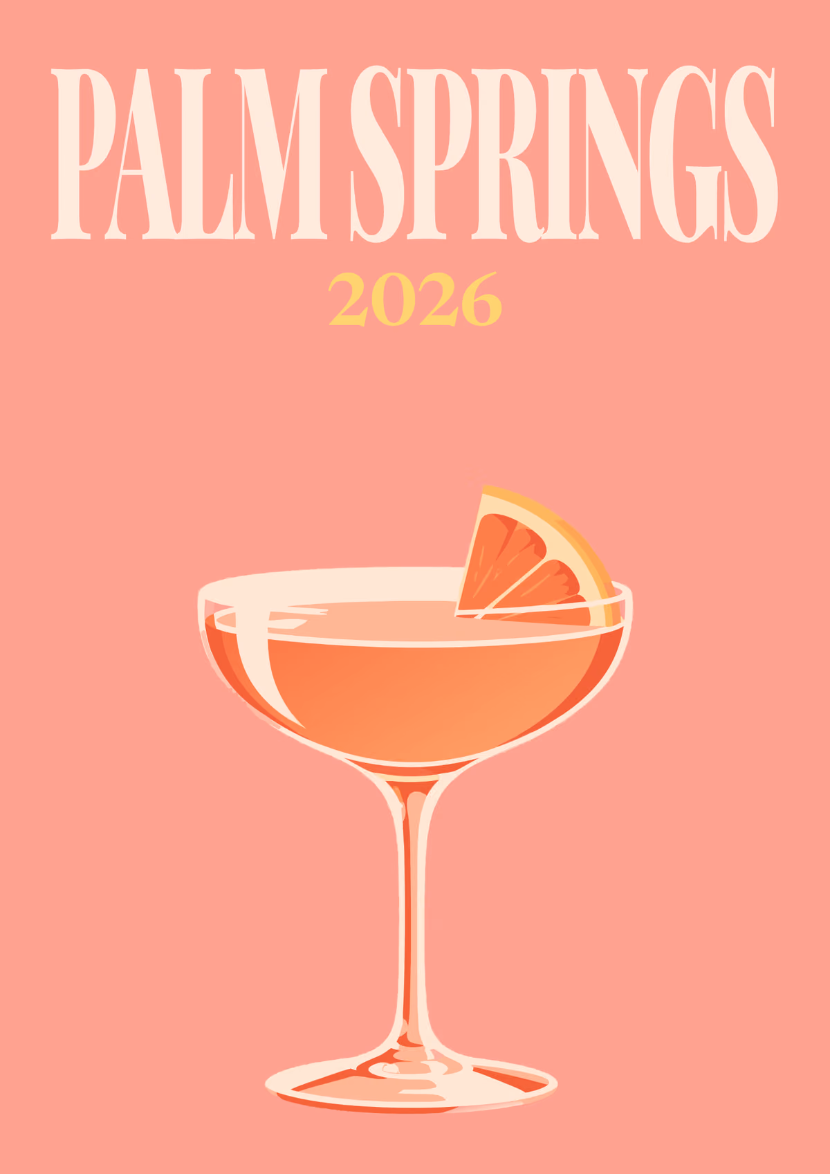 Palm Springs illustrated California travel photo book cover with a coupe cocktail with grapefruit on salmon pink