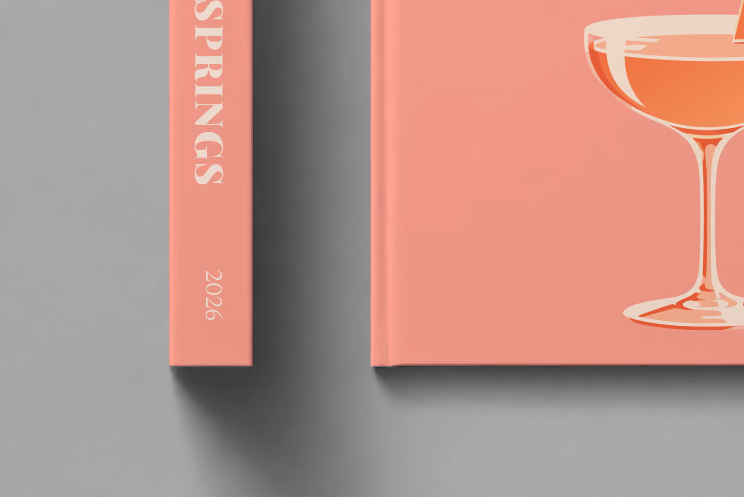 California hardcover photo book with the Palm Springs illustrated cover of a coupe cocktail with grapefruit on salmon pink, shown close up beside its spine on a pale grey studio surface