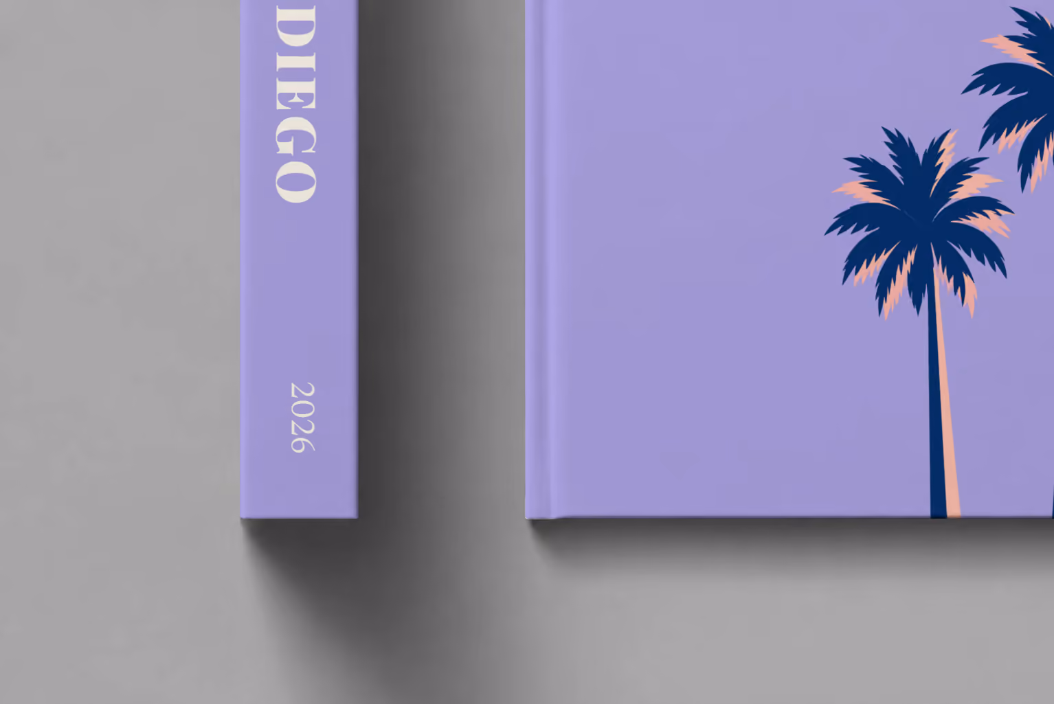 California hardcover photo book with the San Diego illustrated cover of palm trees on lilac, shown close up beside its spine on a pale grey studio surface