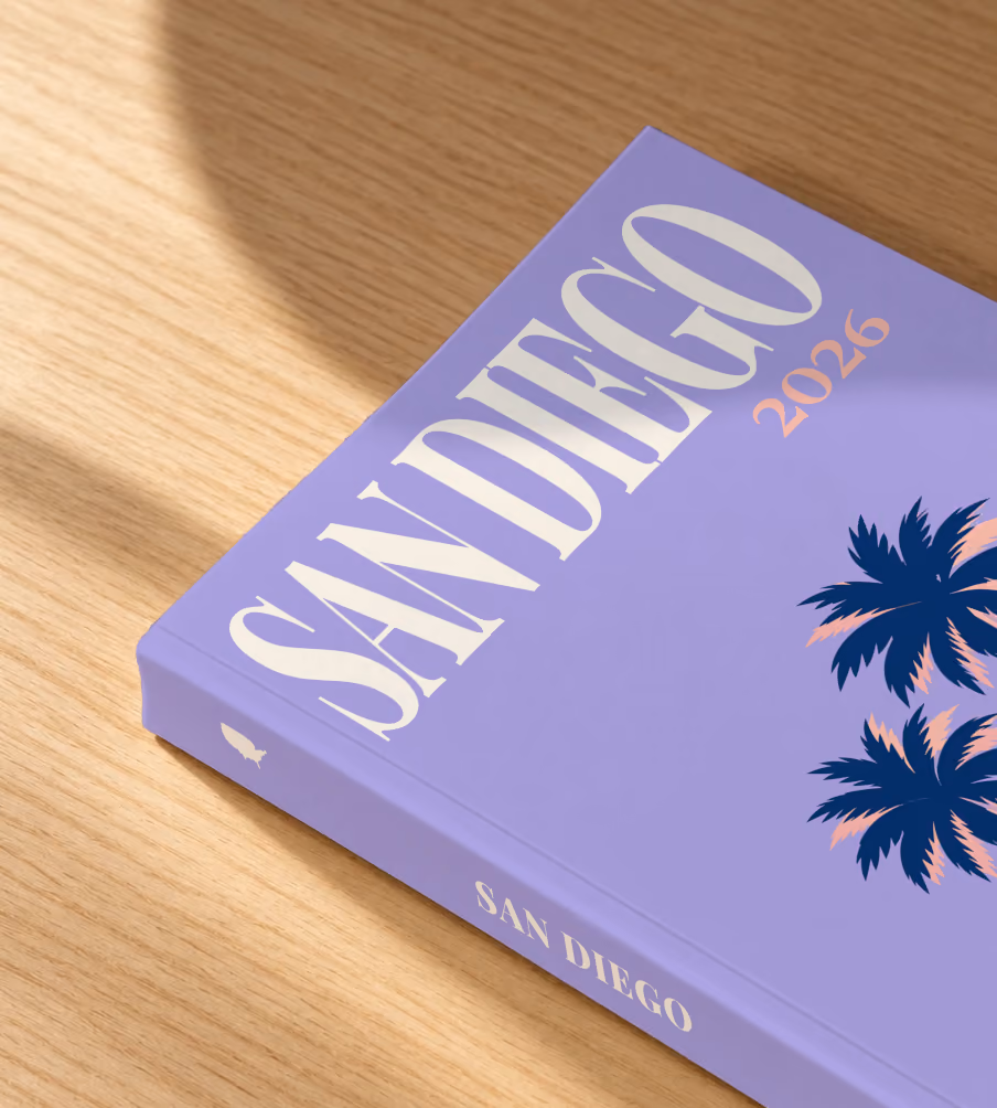 California softcover photo book with the San Diego illustrated cover of palm trees on lilac, lying on an oak desk in dappled afternoon sunlight