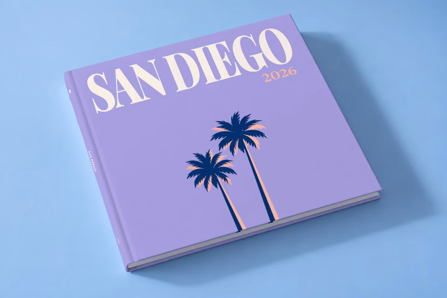 California square hardcover photo book with the San Diego illustrated cover of palm trees on lilac, lying on a pale blue studio backdrop
