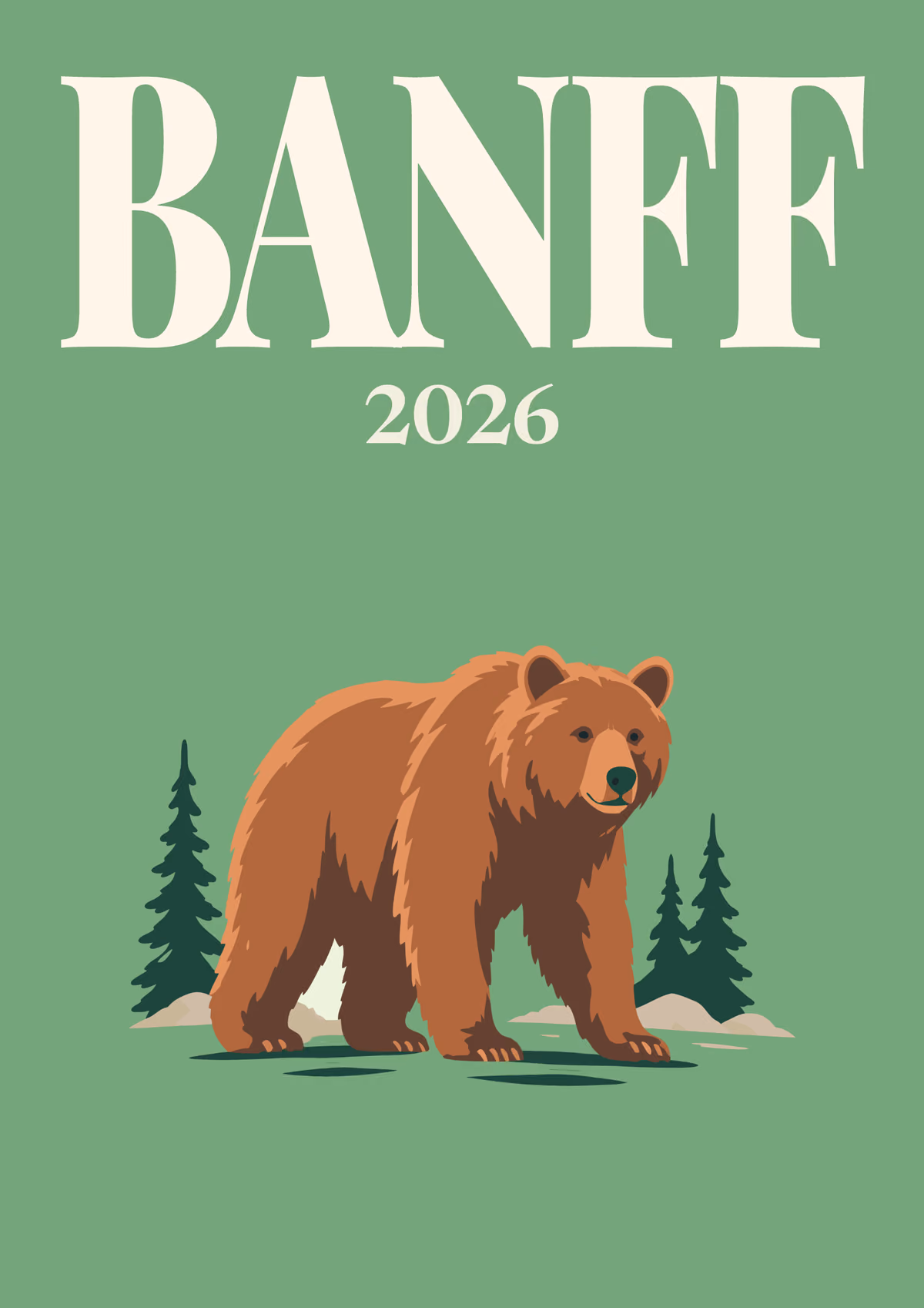 Banff illustrated Canada travel photo book cover with a grizzly bear and pines on sage green