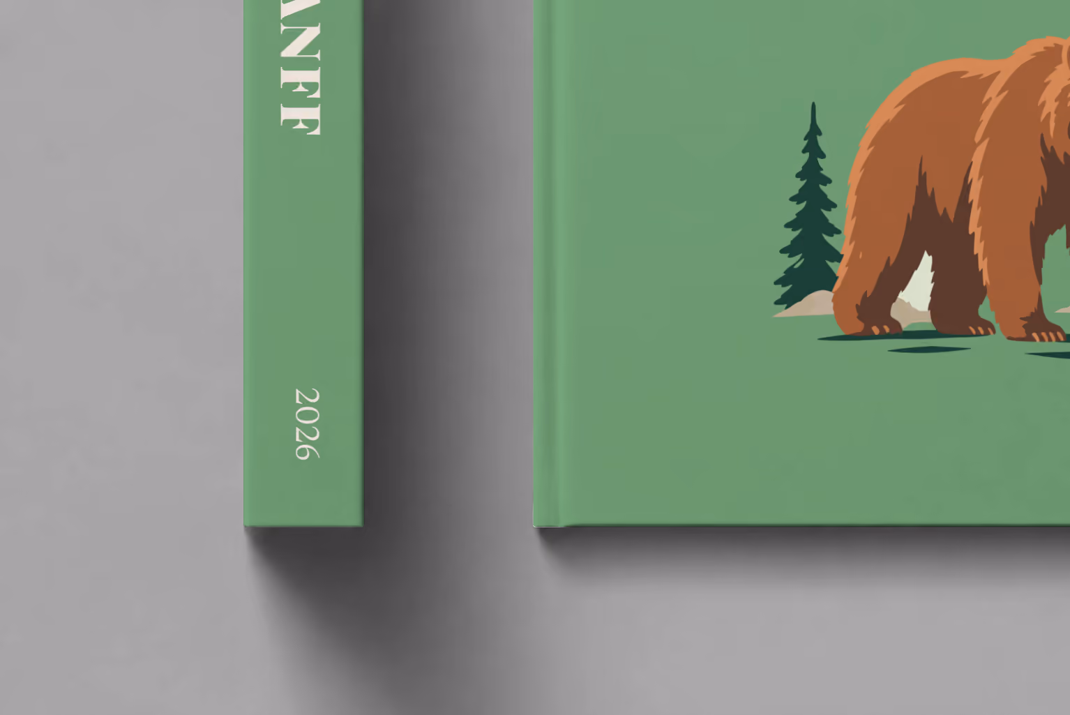 Canada hardcover photo book with the Banff illustrated cover of a grizzly bear and pines on sage green, shown close up beside its spine on a pale grey studio surface