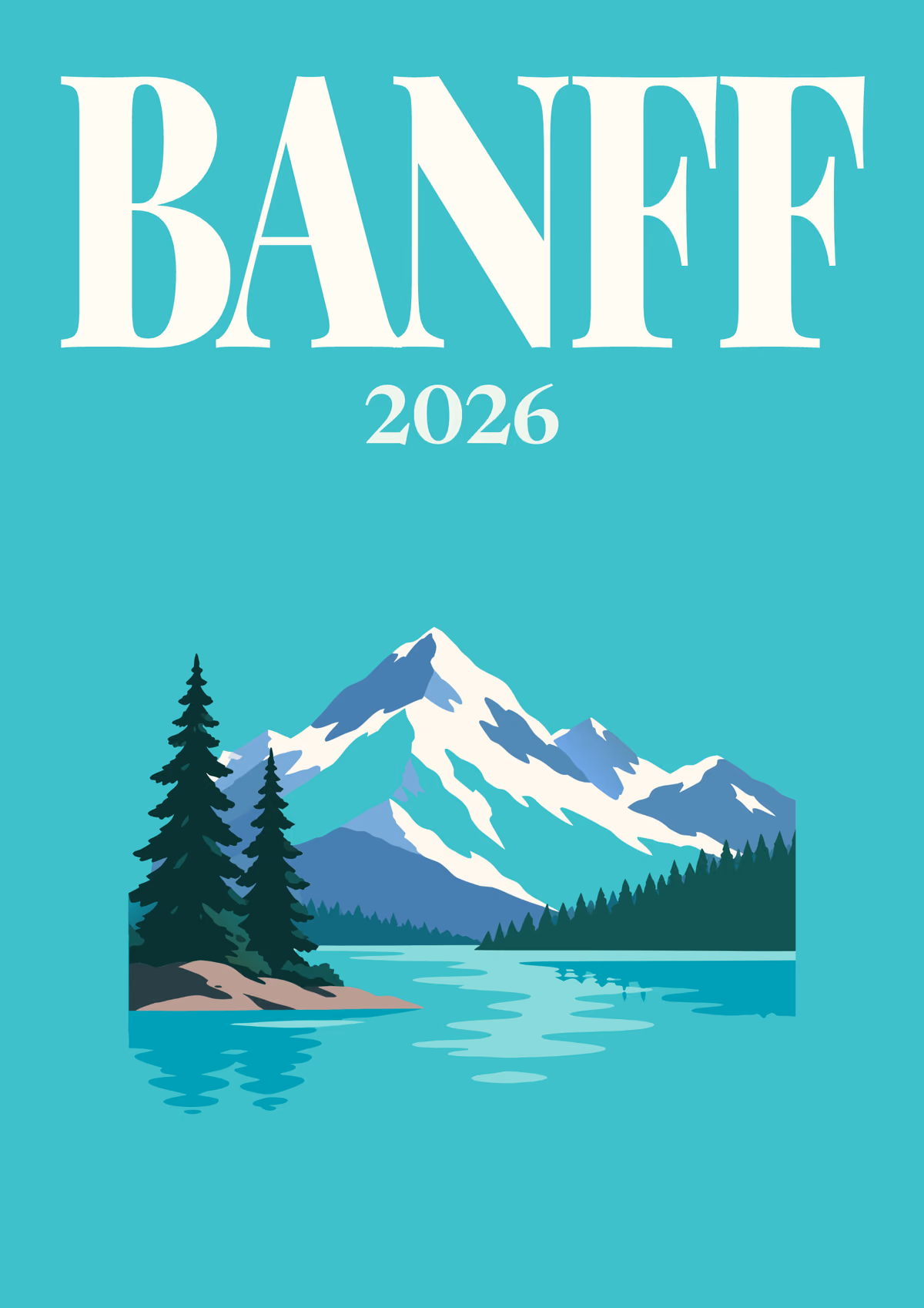 Banff illustrated Canada travel photo book cover with a mountain lake, snowy peaks and pines on turquoise