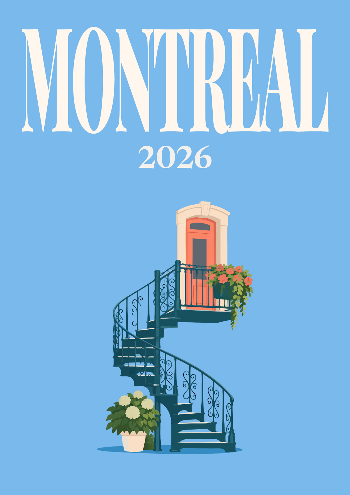 Montreal illustrated Canada travel photo book cover with an outdoor spiral staircase with flowers on blue
