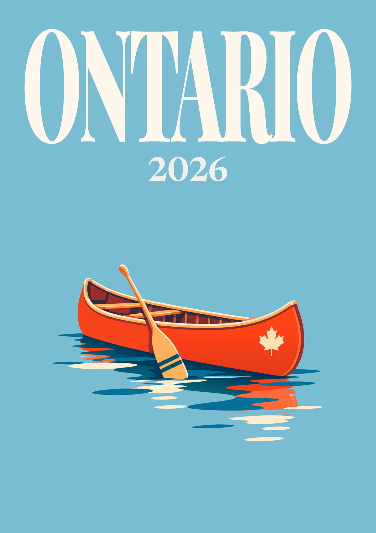 Ontario illustrated Canada travel photo book cover with a red canoe on a lake on dusty blue