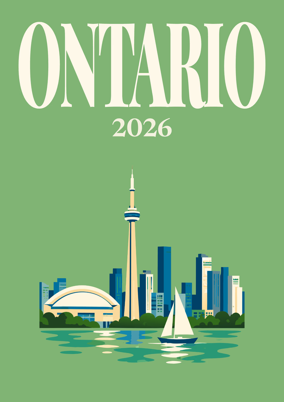 Ontario illustrated Canada travel photo book cover with the Toronto skyline and a sailing boat on green