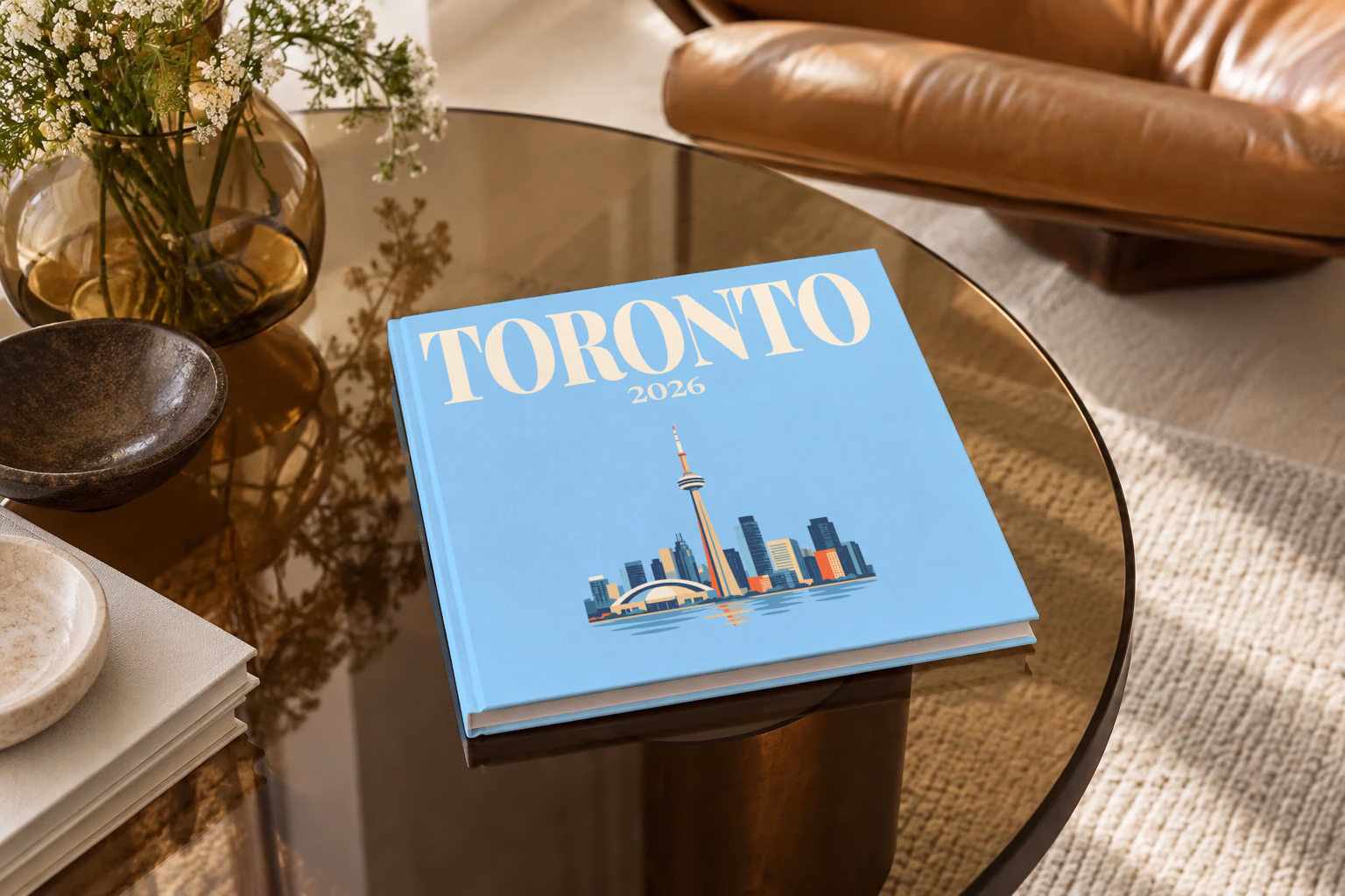 Canada square hardcover photo book with the Toronto illustrated cover of the Toronto skyline and CN Tower on pale blue, on a smoked glass coffee table beside a leather armchair in warm afternoon light